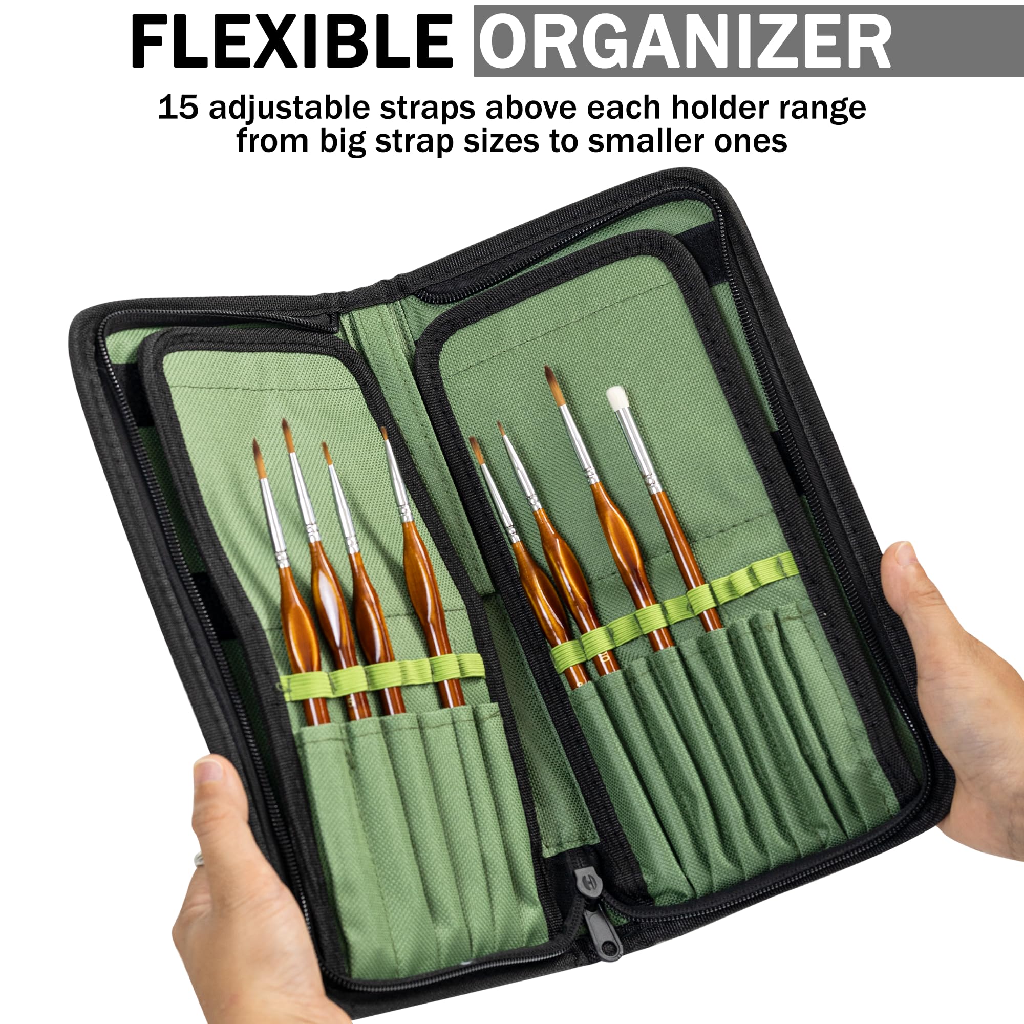 DUGATO Green Canvas Paint Brush Holder & Organizer - 15 Slot Artist Brush Carrying Case for Brushes up to 9.3 Inches (5.4x10.7 Inches) - Perfect for Watercolor, Acrylic & Oil Painting Supplies Storage (Brushes Not Included)