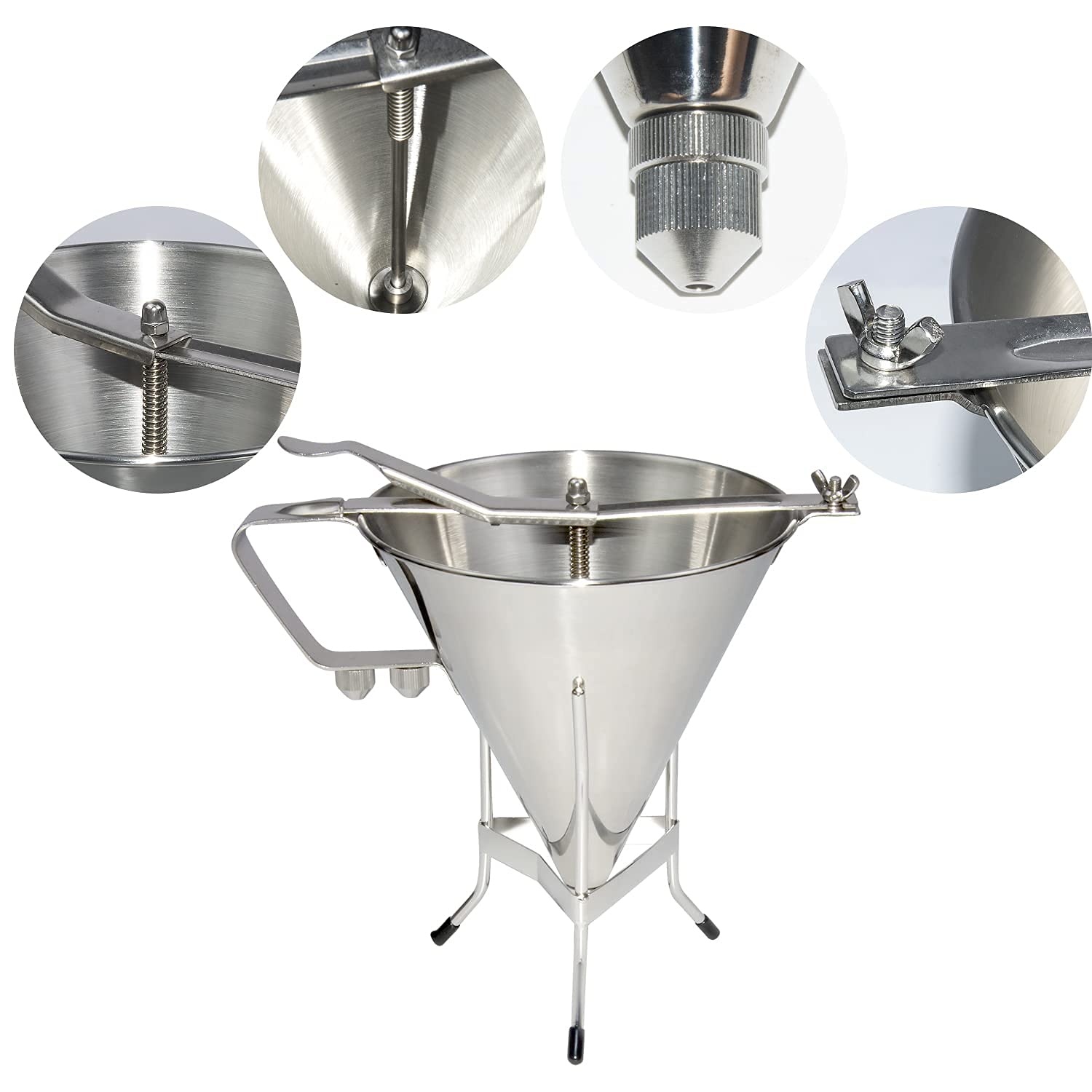 Stainless Steel Pancake Batter Dispenser with Stand - 3 Nozzles Funnel Cake Maker for Pancakes, Waffles, Cupcakes & Takoyaki - 61oz Commercial Grade Confectionery Piston Funnel - Perfect for Breakfast, Desserts & Street Food Stalls