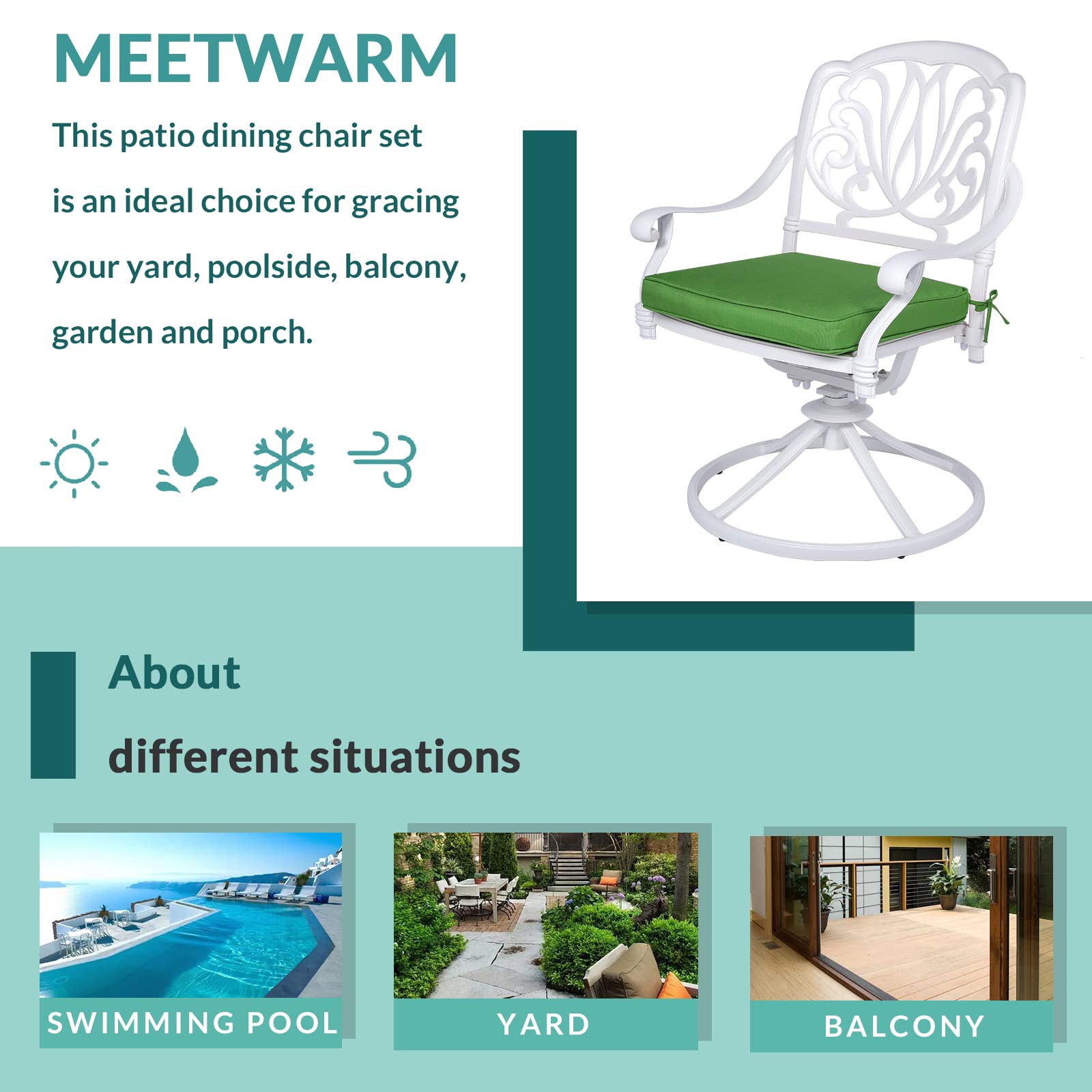 MEETWARM 2-Piece Outdoor Swivel Rocking Chairs - All-Weather Cast Aluminum Patio Dining Set with Cushions - White Bistro Chairs for Garden, Deck, Backyard, Poolside & Outdoor Entertaining