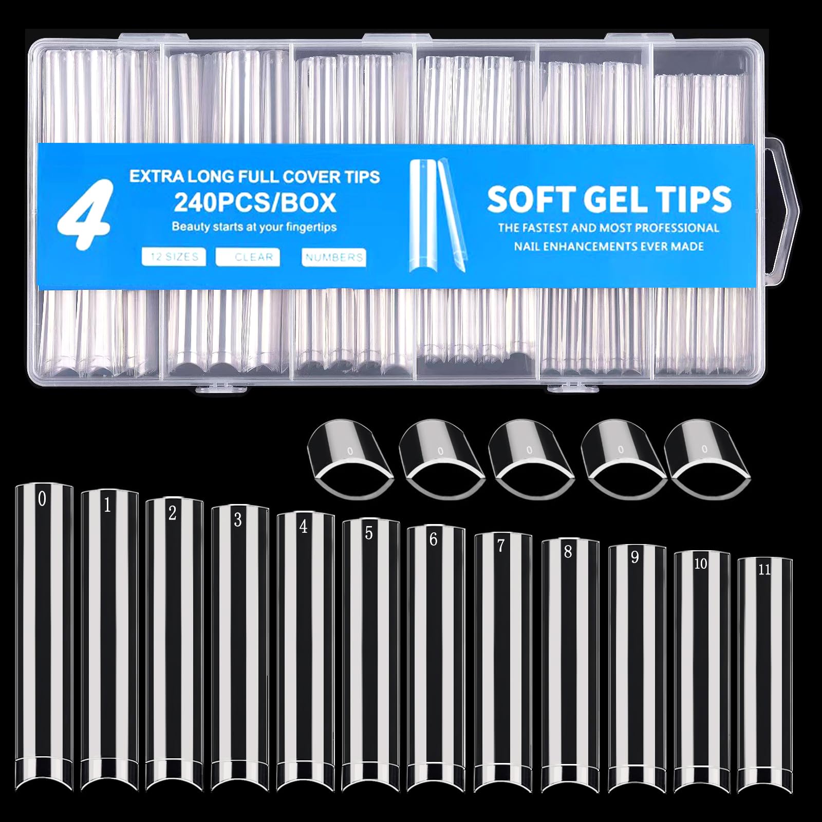240PCS No C Curve Square Nail Tips - XXXL Half Cover Clear Acrylic Nails for Salon & DIY - 3XL Straight Tapered Square Fake Nails Set with 12 Sizes - Perfect for Professional Nail Art, Manicures, and Home Use