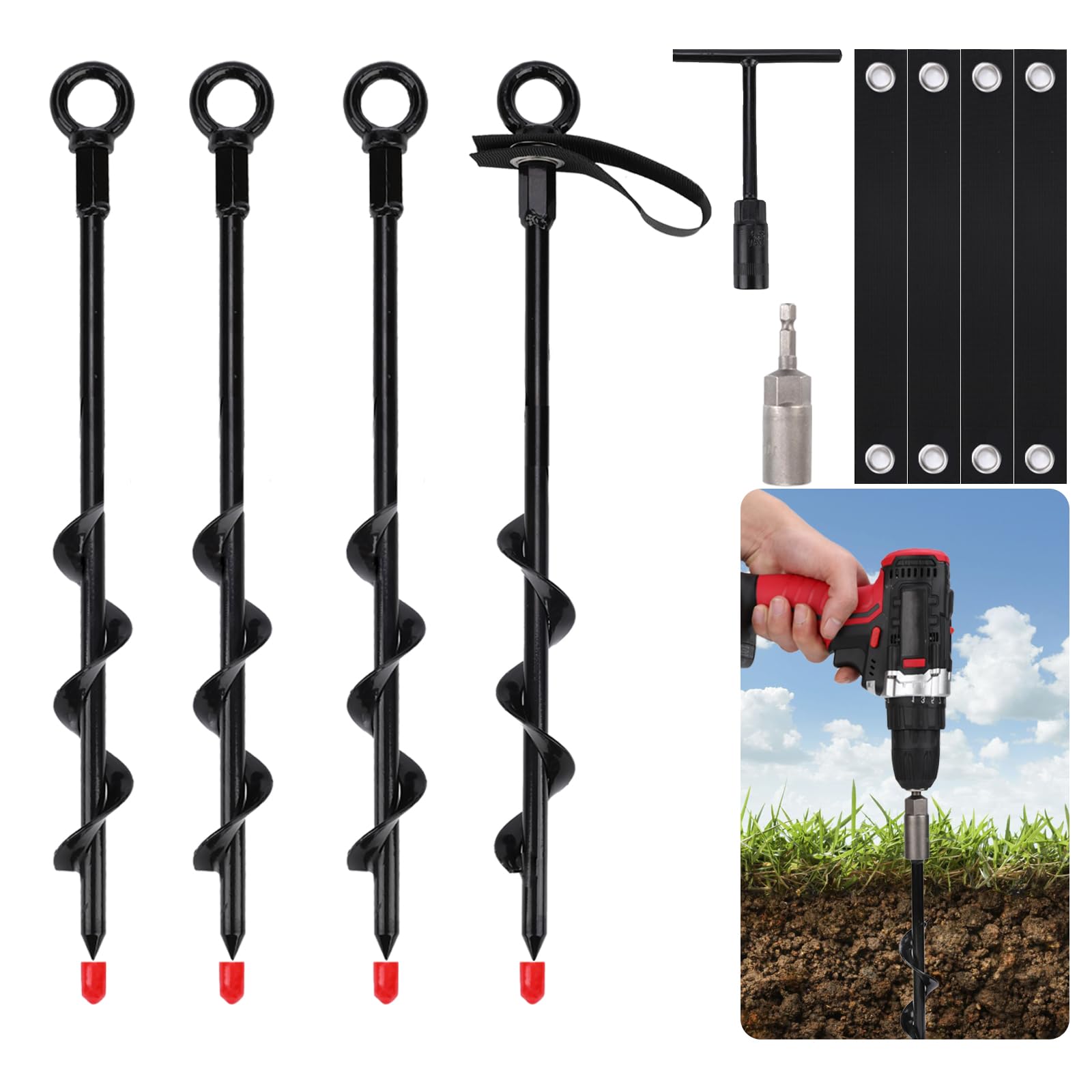 Heavy Duty Screw-In Ground Anchors for Trampolines, Canopies, Carports & Sheds - Wind Resistant with Straps & Ropes (14in, 4/8 Pack) - Perfect for Outdoor Stability in High Winds & Storms