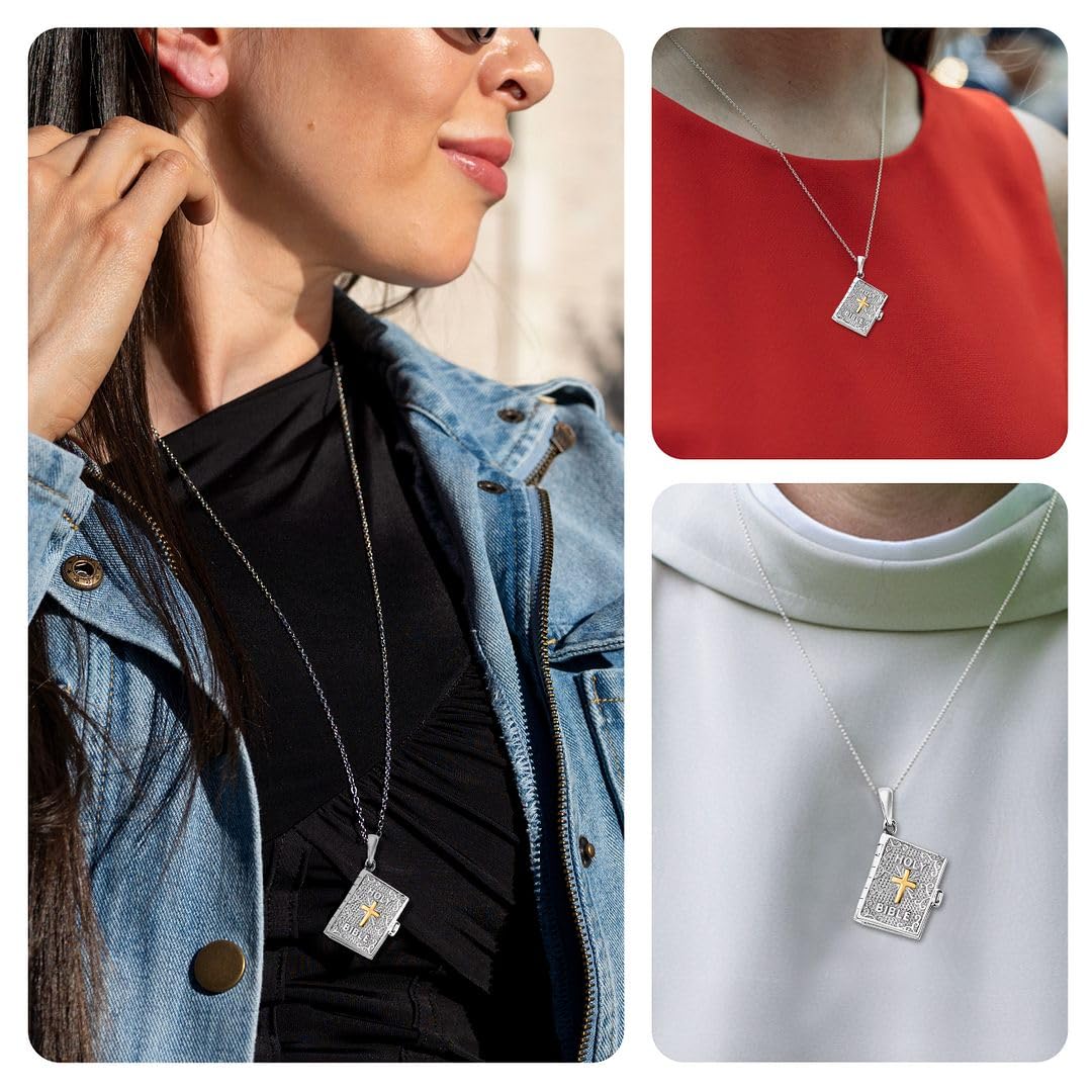 925 Sterling Silver Bible Pendant Necklace - Religious Gift for Men & Women - Perfect for Christian Gifting