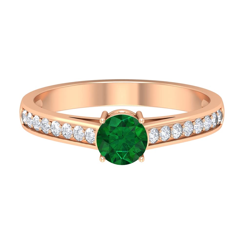 1 CT Certified Natural Emerald and Diamond Ring for Women - 5mm Solitaire Green Emerald Engagement Ring in 14K Solid Gold - Elegant Simple Jewelry for Weddings, Anniversaries & Special Occasions