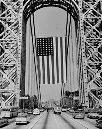 USA New York City George Washington Bridge Flag Raising Poster Print - 18 x 24 Inch Wall Art Decor for Home, Office & Classroom