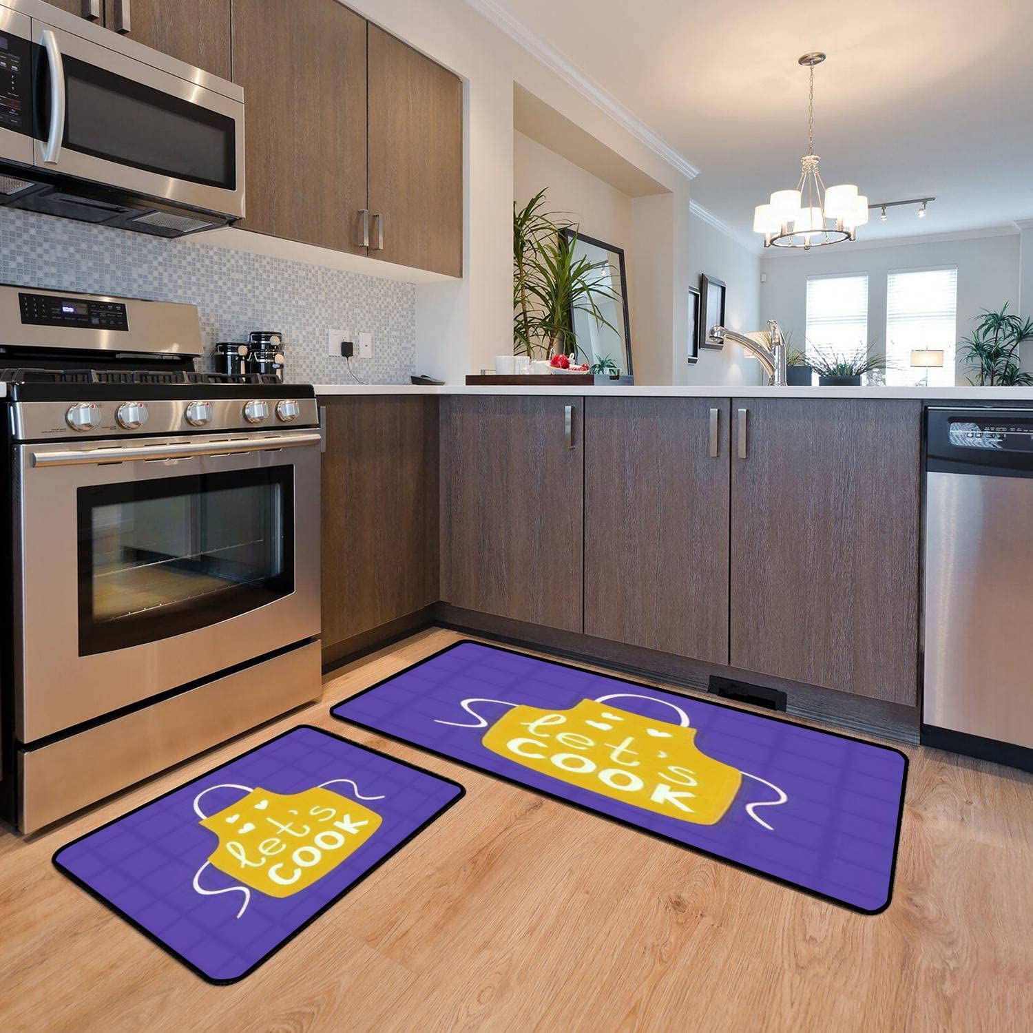Cute Cartoon Style Kitchen Rugs Set - Non-Slip Washable Kitchen Runner with Apron & 'Let's Cook' Lettering - Perfect for Floor Mats, Doormats, Bath Rugs & Comfortable Standing Decor - Ideal for Kitchens, Entryways & Laundry Rooms