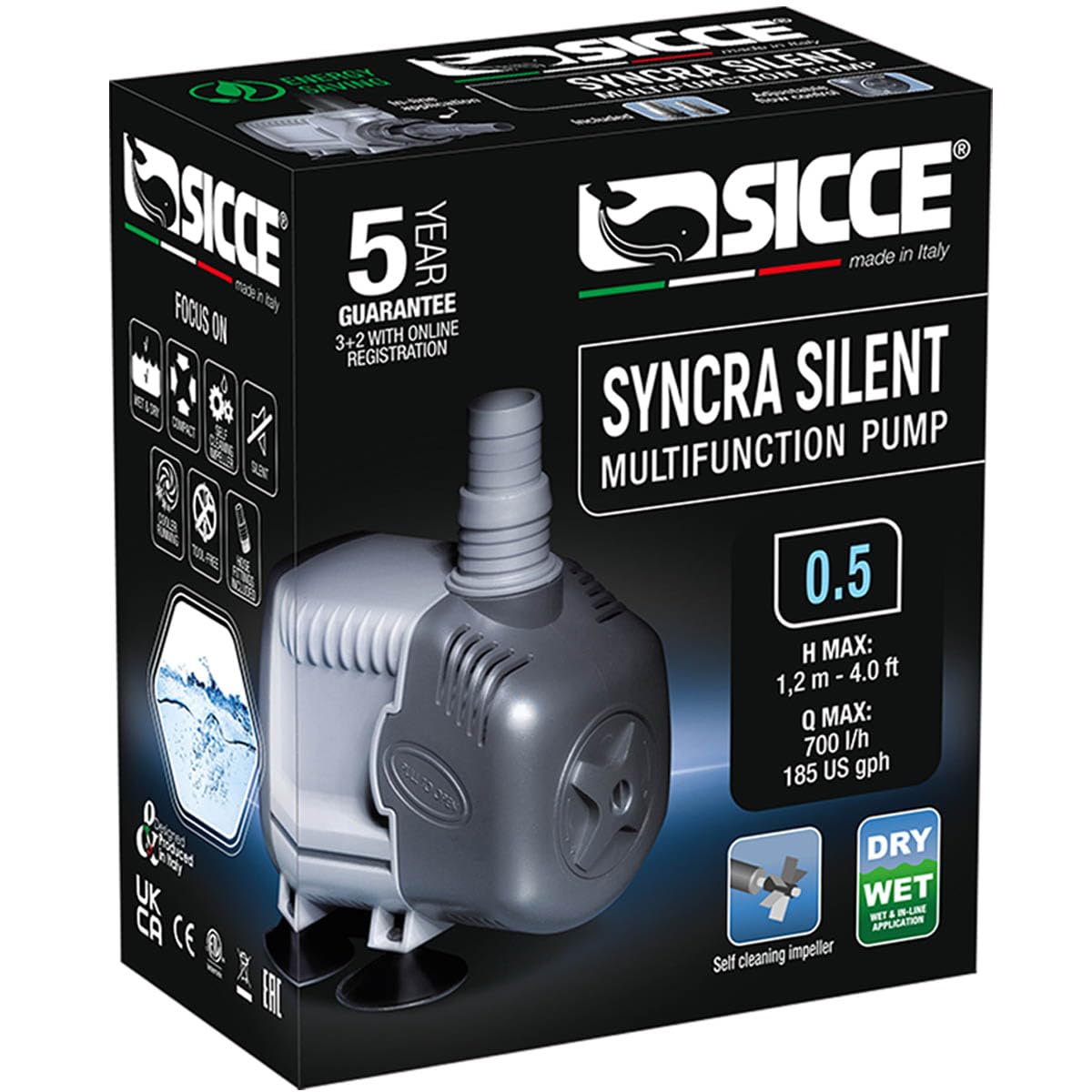 SICCE Syncra Silent 0.5 Submersible Water Pump 185 GPH - Ultra Quiet 8W Aquarium Pump for Fish Tank, Fountain, Pond | Italian Made Durable Design for Freshwater & Saltwater | Perfect for Hydroponics, Terrariums, and Indoor Water Features