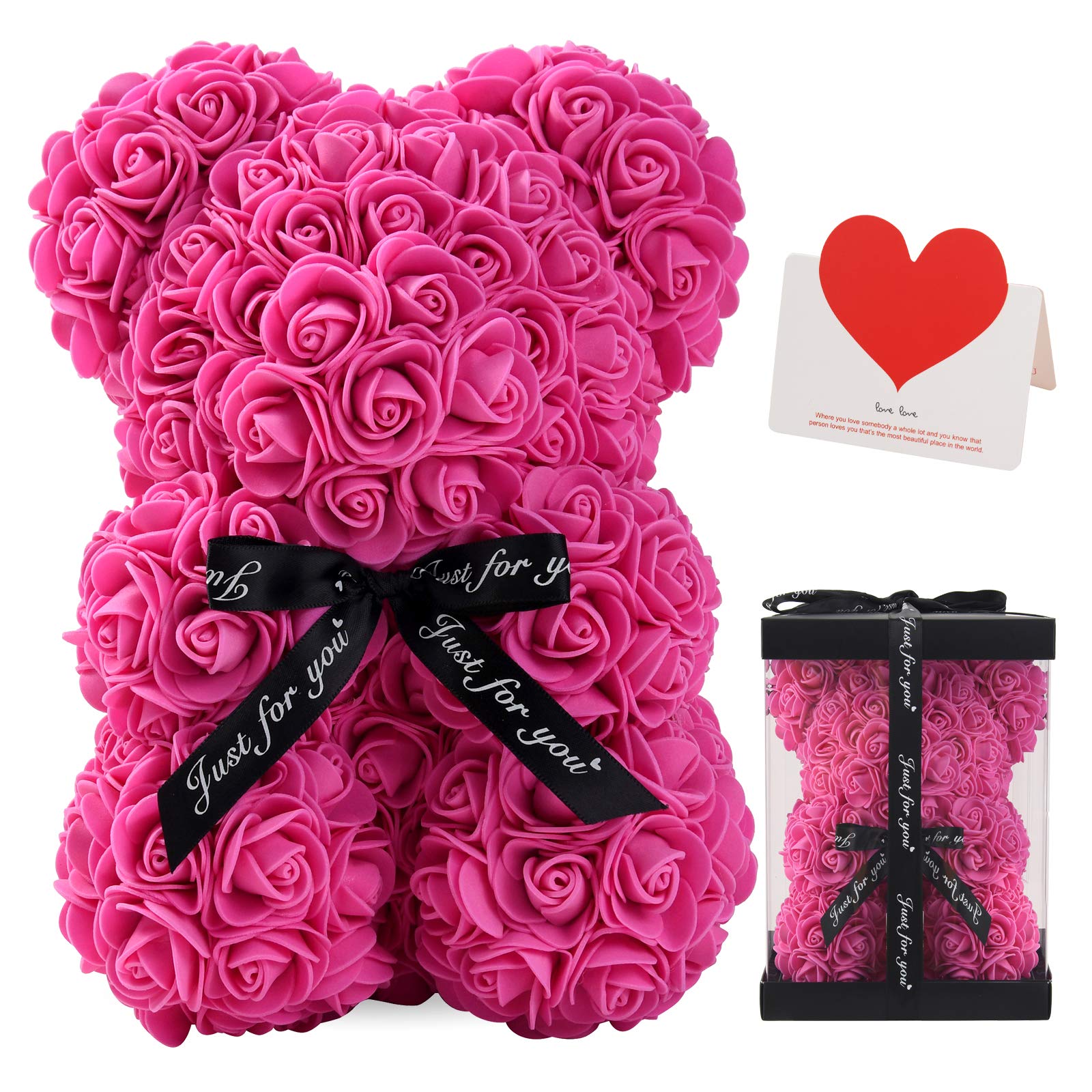 LINKLO 10-inch Rose Teddy Bear - Artificial Rose Flower Bear with Transparent Gift Box (Rose Red) | Romantic Gift for Valentine's Day, Anniversary & Wedding Decor