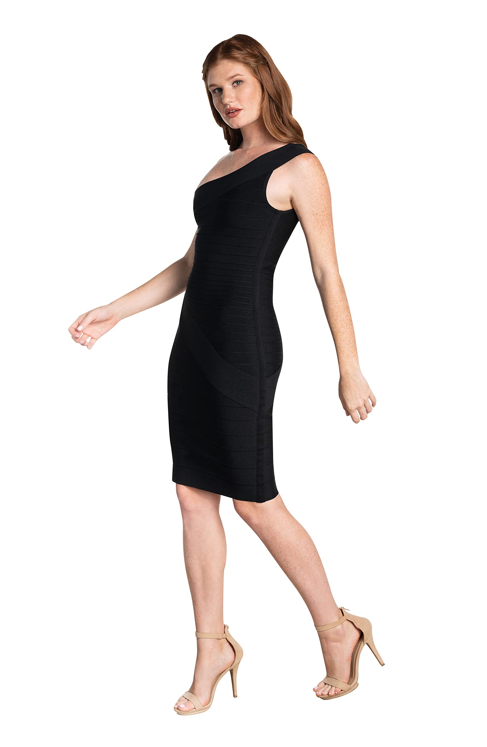 Dress the Population Women's Vera Asymmetrical Neckline Cross Bandage Bodycon Dress - Knee-Length Slim Fit Cocktail Party & Night Out Dress for Women