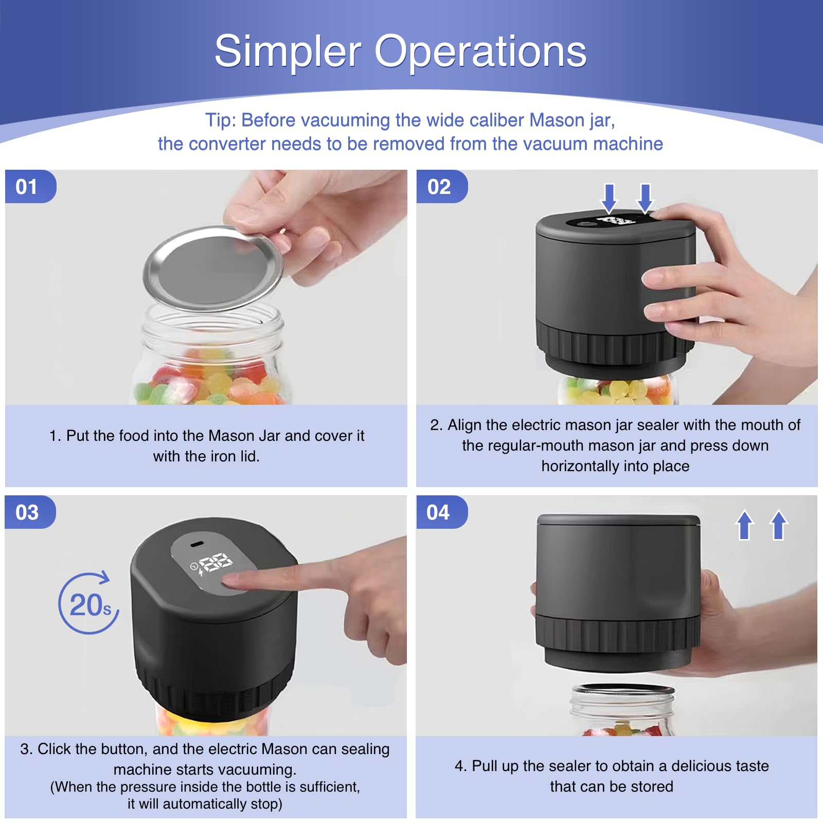 Electric Mason Jar Vacuum Sealer Kit - Auto Stop 80kPa Food Preserver for Wide & Regular Mouth Jars | Airtight Storage for Dry Foods, Coffee, Nuts & Meal Prep (Black)