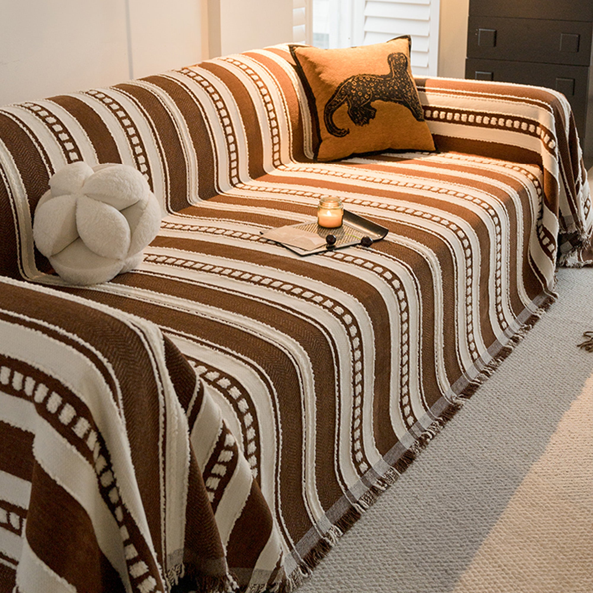 Savanna Rhythm Chenille Sofa Cover - Soft Stretchable Couch Protector for Living Room, Home Decor, Pet & Kid Friendly - Perfect for Daily Use, Family Gatherings & Cozy Evenings
