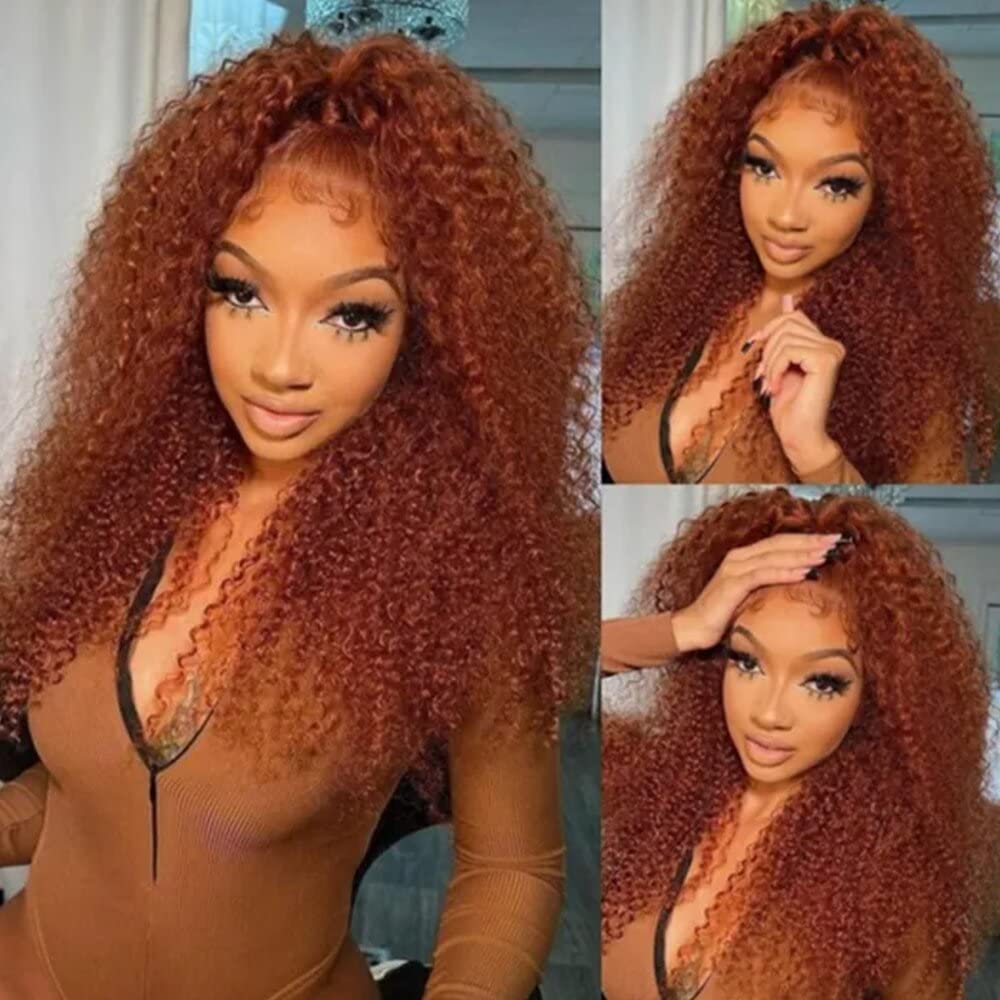 LONGQI 20 Inch Ginger Brown Jerry Curly Human Hair Wig - 13x4 HD Transparent Lace Front Brazilian Remy Hair for Women (180% Density, Pre-Plucked with Baby Hair) | Perfect for Cosplay, Daily Wear & Special Occasions