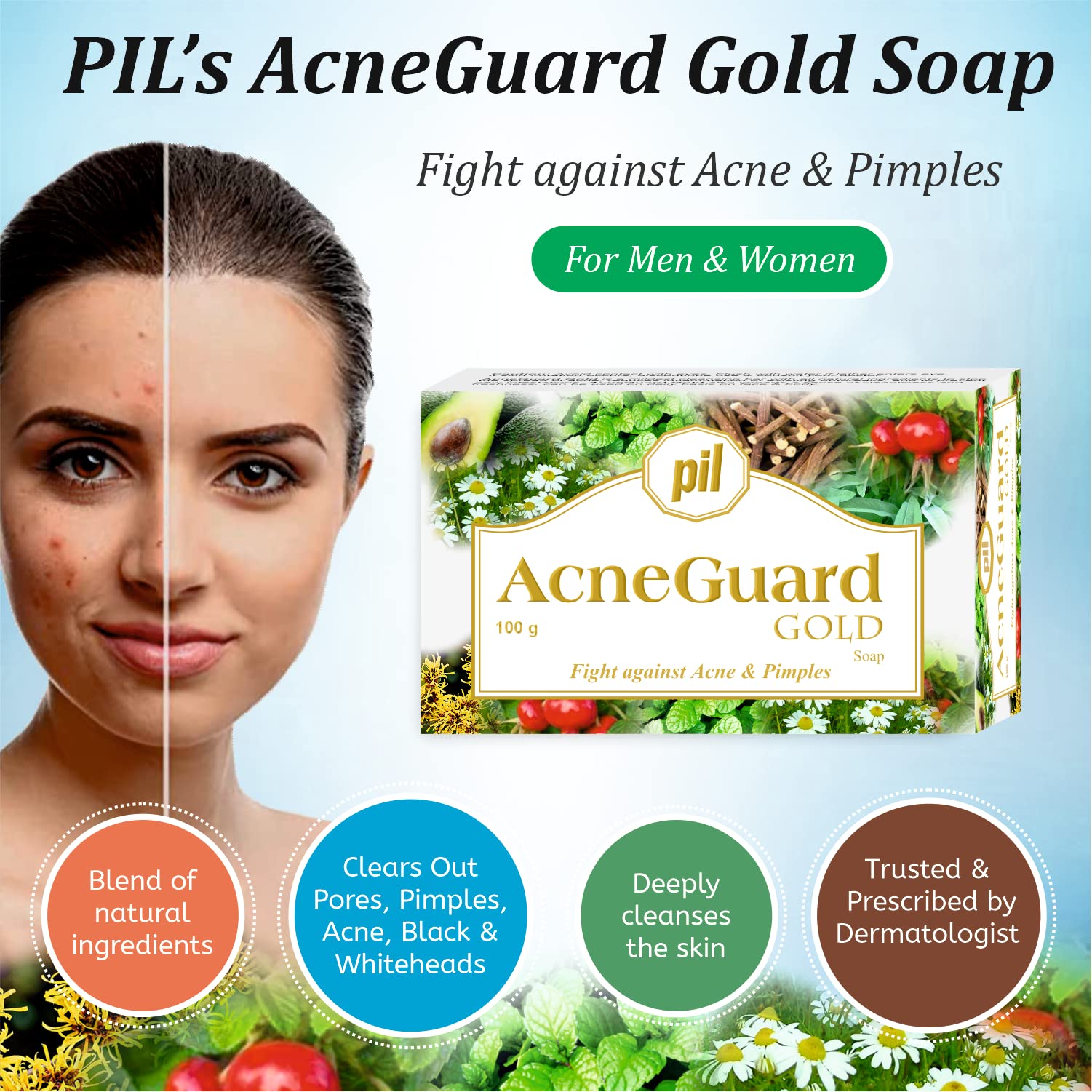 Pil Acneguard Gold Soap - Natural Acne Treatment for Face & Body | Dermatologist Recommended | Clears Pores, Pimples, Blackheads & Whiteheads | Lightens Blemishes & Dark Spots | 2x100g Bars | Perfect for Daily Skincare Routine & Travel
