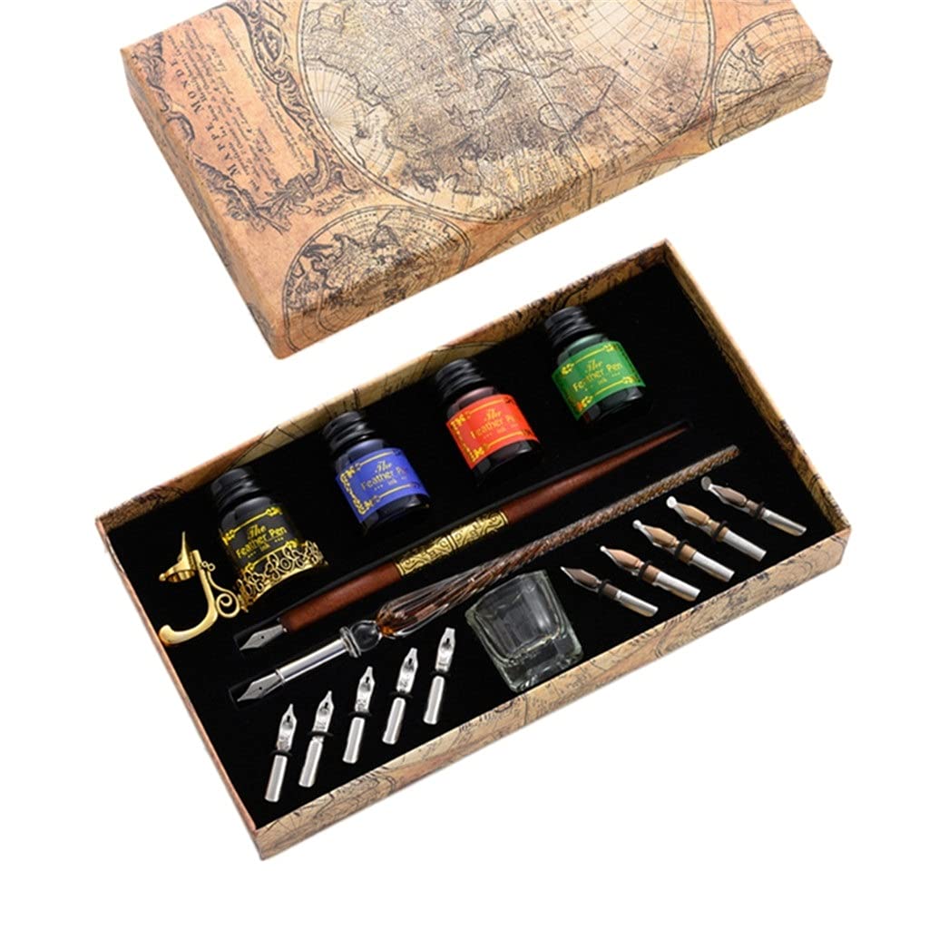 Vintage Dip Pens Fountain Writing Ink Set - 10 Nibs with Pen Holder in Gift Box | Calligraphy, Lettering & School Supplies (Color A) | Perfect for Wedding Invitations, Art Projects & Handwriting Practice