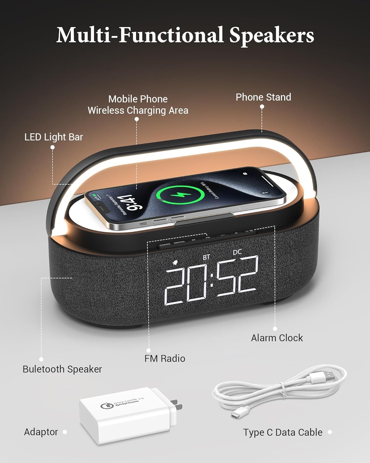 FREEFISH Bluetooth Speaker with Wireless Charger - 15W Fast Charging, FM Radio, Adjustable LED Night Light, Dual Wireless Pairing, Bluetooth 5.0 - Perfect for Home, Office, Travel & Outdoor Adventures