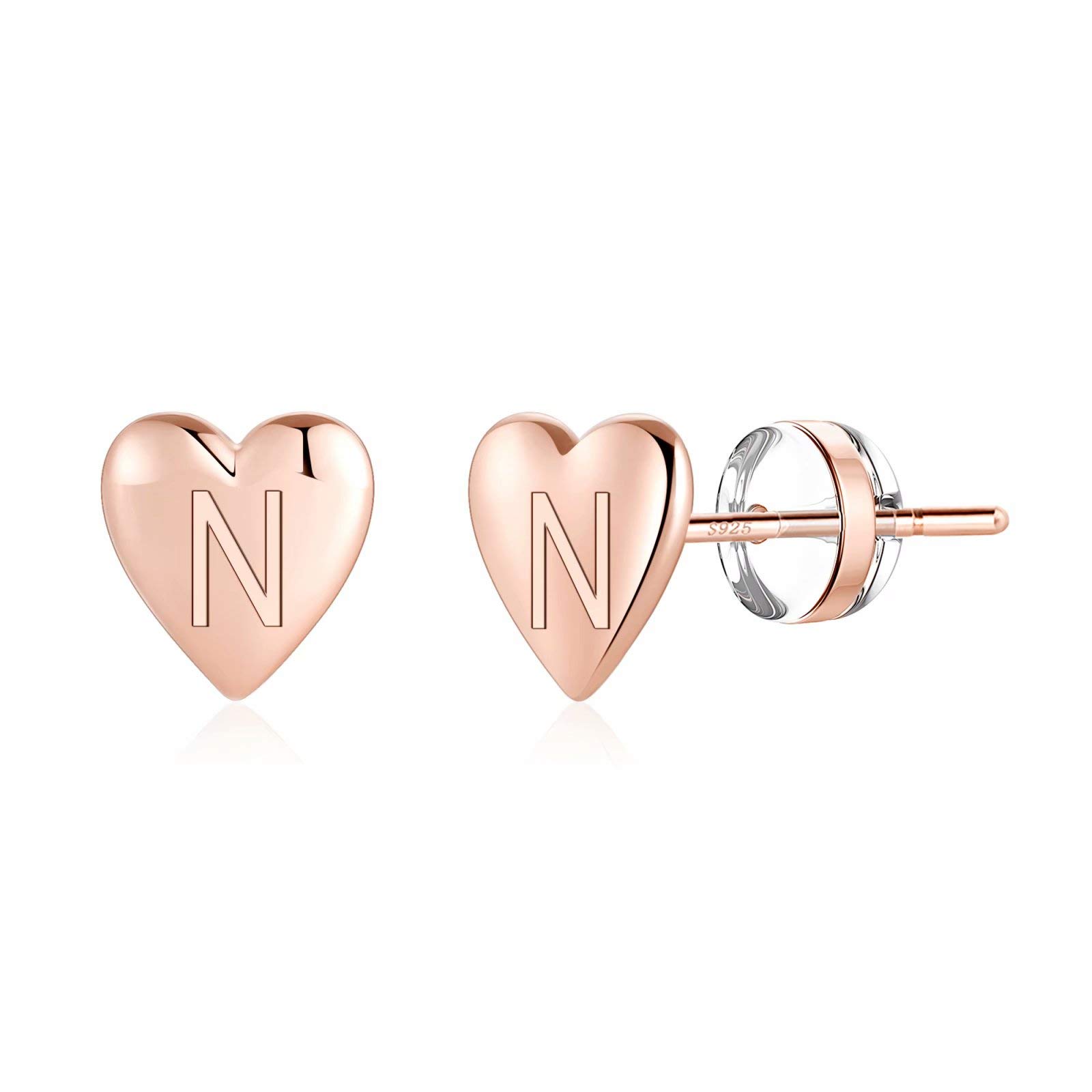 Heart Initial Stud Earrings for Women & Girls - 925 Sterling Silver 14K Gold Plated Hypoallergenic Dainty Letter Earrings | Sensitive Skin Safe Jewelry Gift for Birthday, Valentine's Day & Everyday Wear