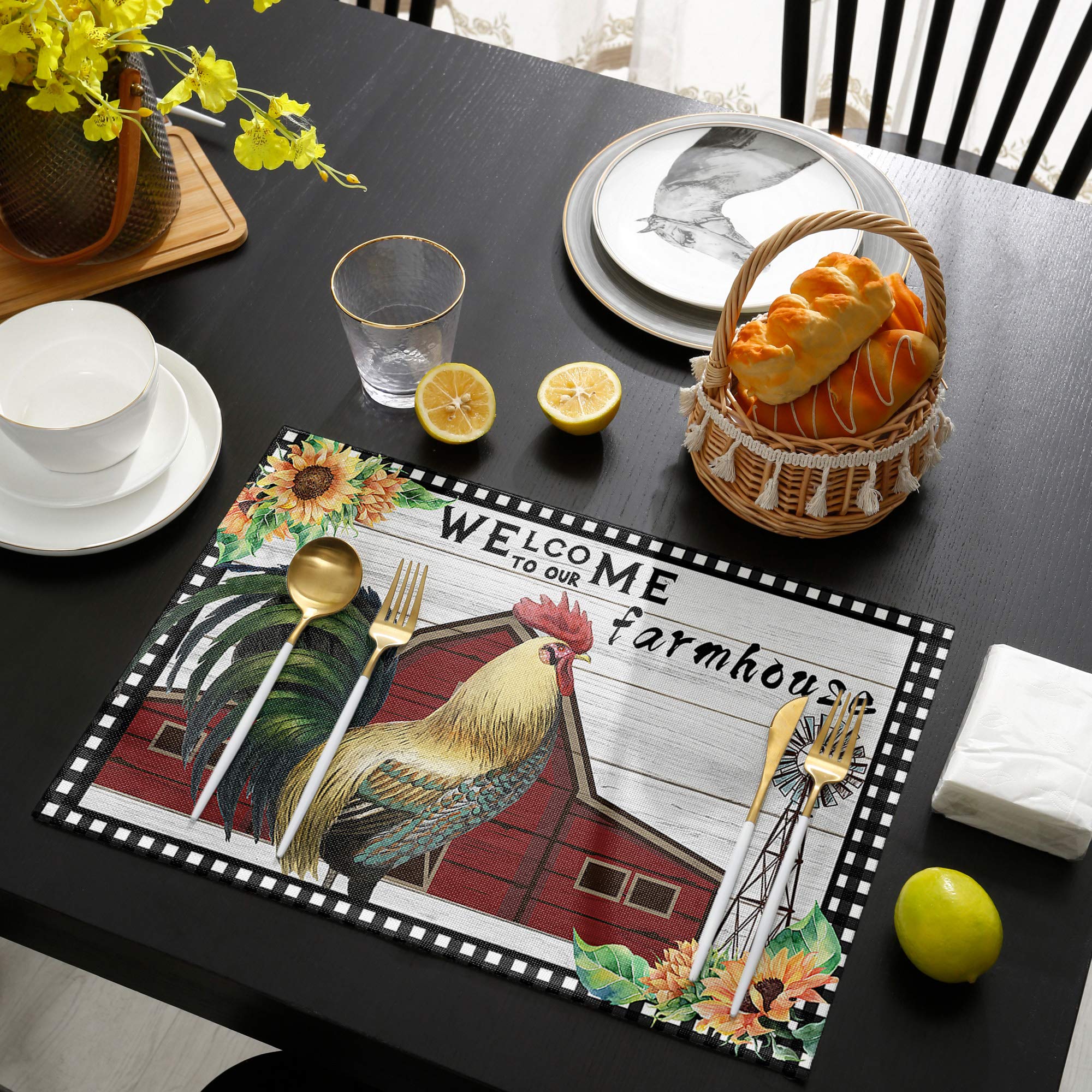 Farmhouse Style Washable Placemats Set of 6 - Rooster Welcome Design, Black White Plaid Wooden Stripes, 13