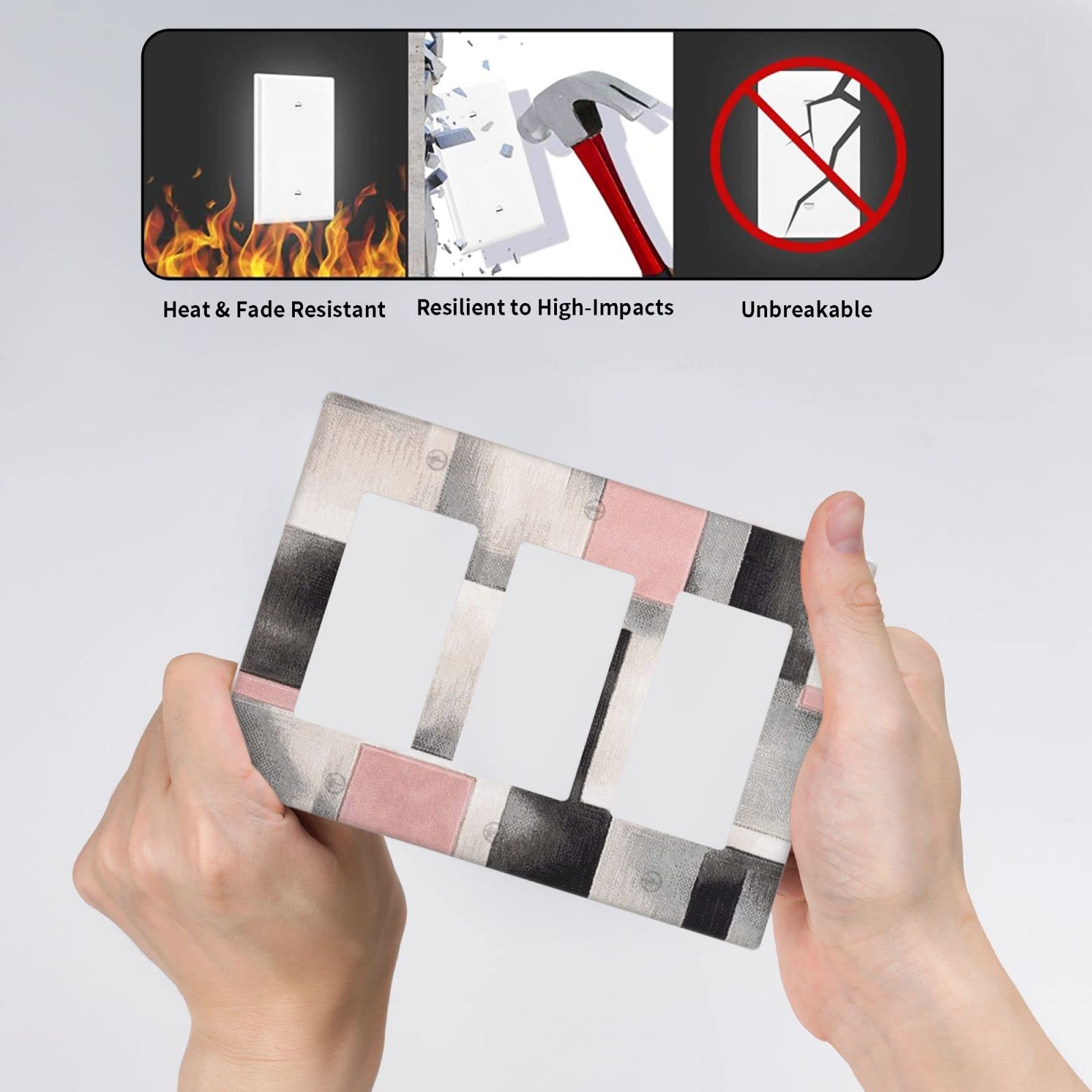 Modern Geometric 3-Gang Rocker Light Switch Cover - Blush Pink Abstract Art Wall Plate, GFCI Outlet Cover for Bedroom, Bathroom & Home Decor | Stylish & Durable Electrical Switch Plates for Modern Interiors