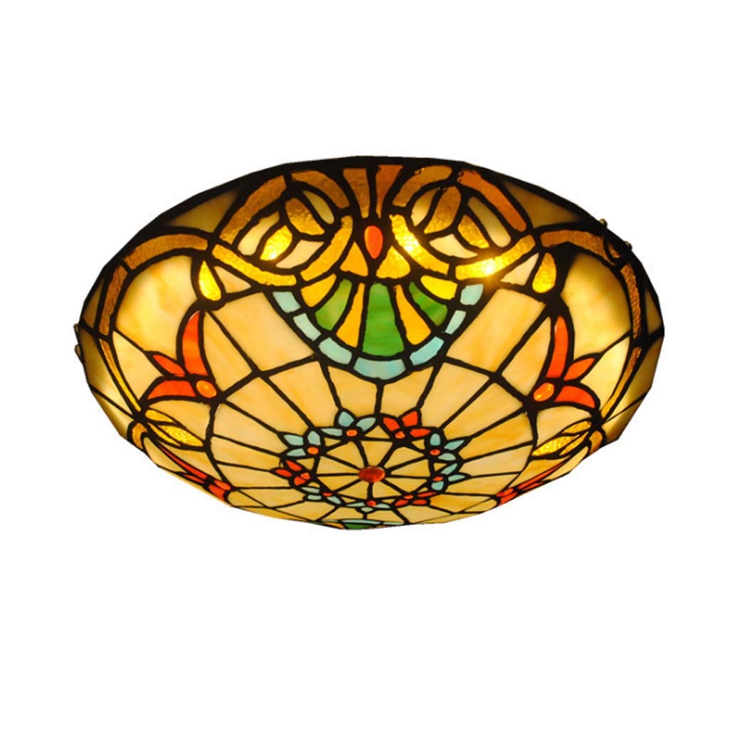 Baroque Tiffany Style LED Ceiling Light - 12 Inch Handmade Stained Glass Flush Mount Fixture for Bedroom, Corridor & Balcony | Warm White 3000K LED Lighting | Vintage Home Decor & Ambient Lighting