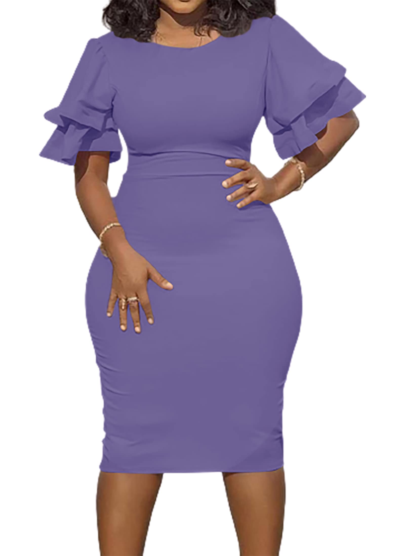 Elegant Women's Midi Pencil Dress with Ruffle Sleeves & Round Neck - Slim Fit Bodycon Cocktail Party Dress for Formal Events, Night Out, Wedding Guest & Office Wear