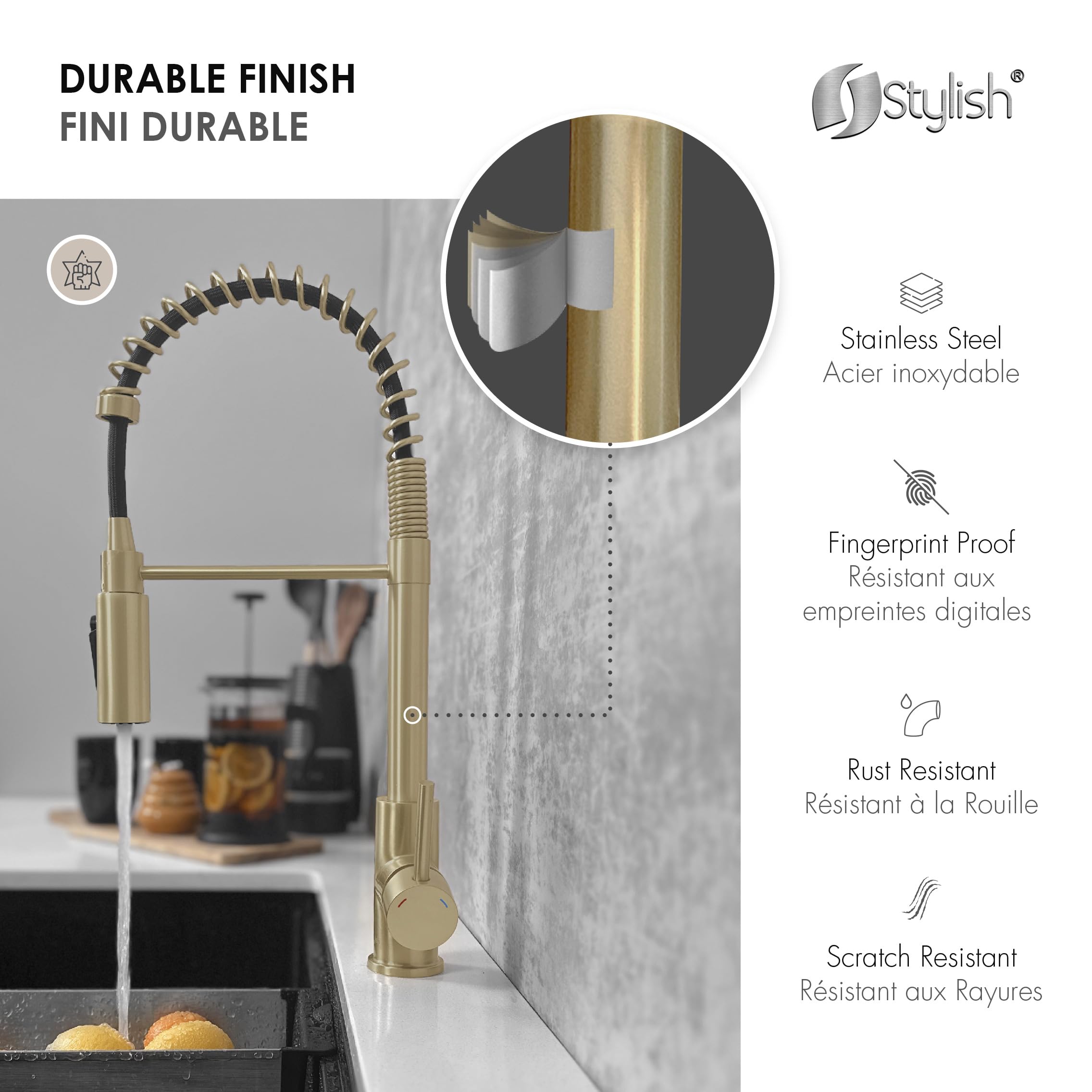 Premium 2-in-1 Commercial Kitchen Faucet with Pull-Down Sprayer & Water Filter - Brushed Gold Stainless Steel Single Handle Sink Faucet with Ceramic Cartridge & Aerator (Model K-107GR) - Ideal for Restaurants, Home Kitchens & Food Prep Areas