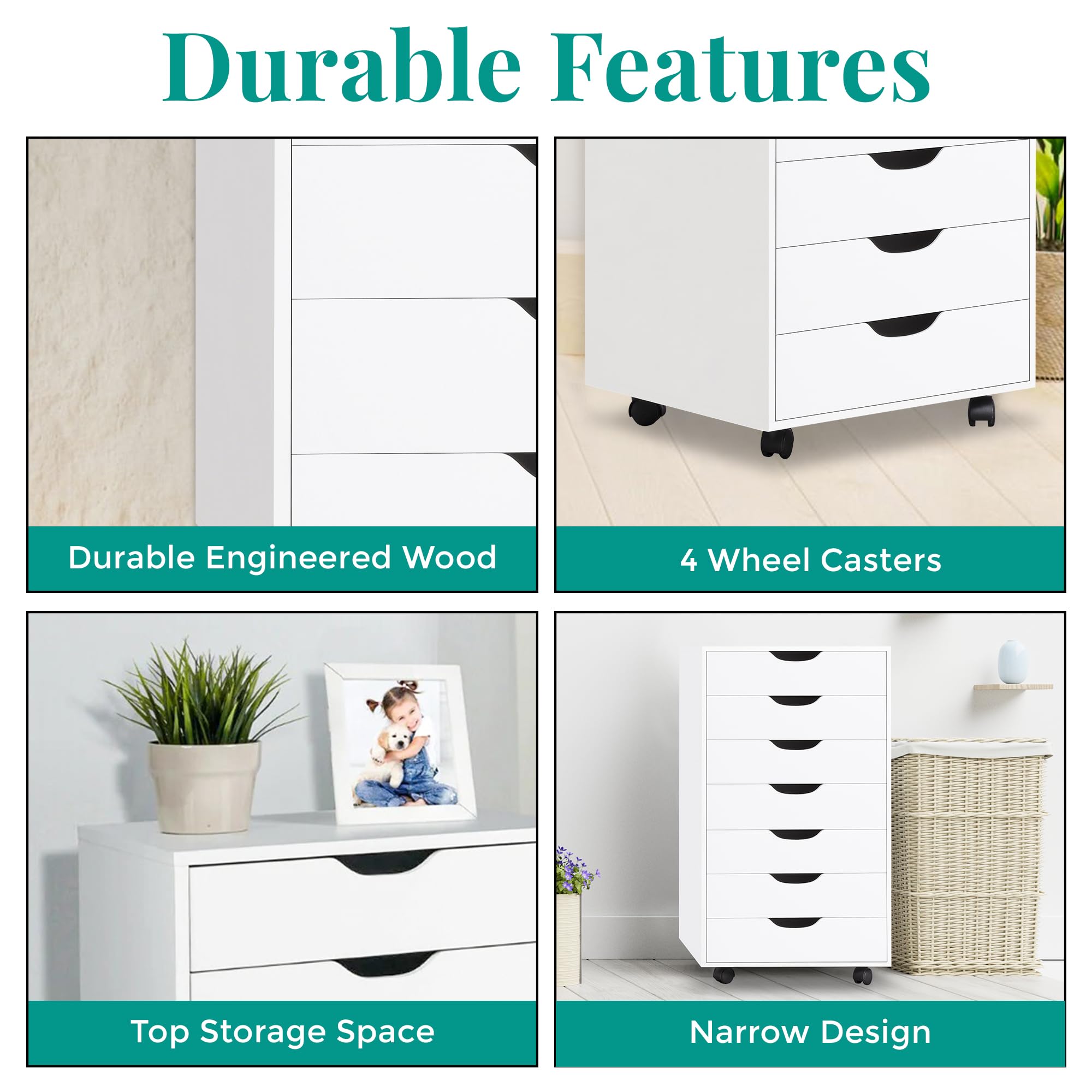 Naomi Home Debbie 7-Drawer Rolling Storage Cabinet - White | Versatile Craft & Office Organizer with Wheels | Perfect for Bedroom, Living Room & Home Office Storage Solutions