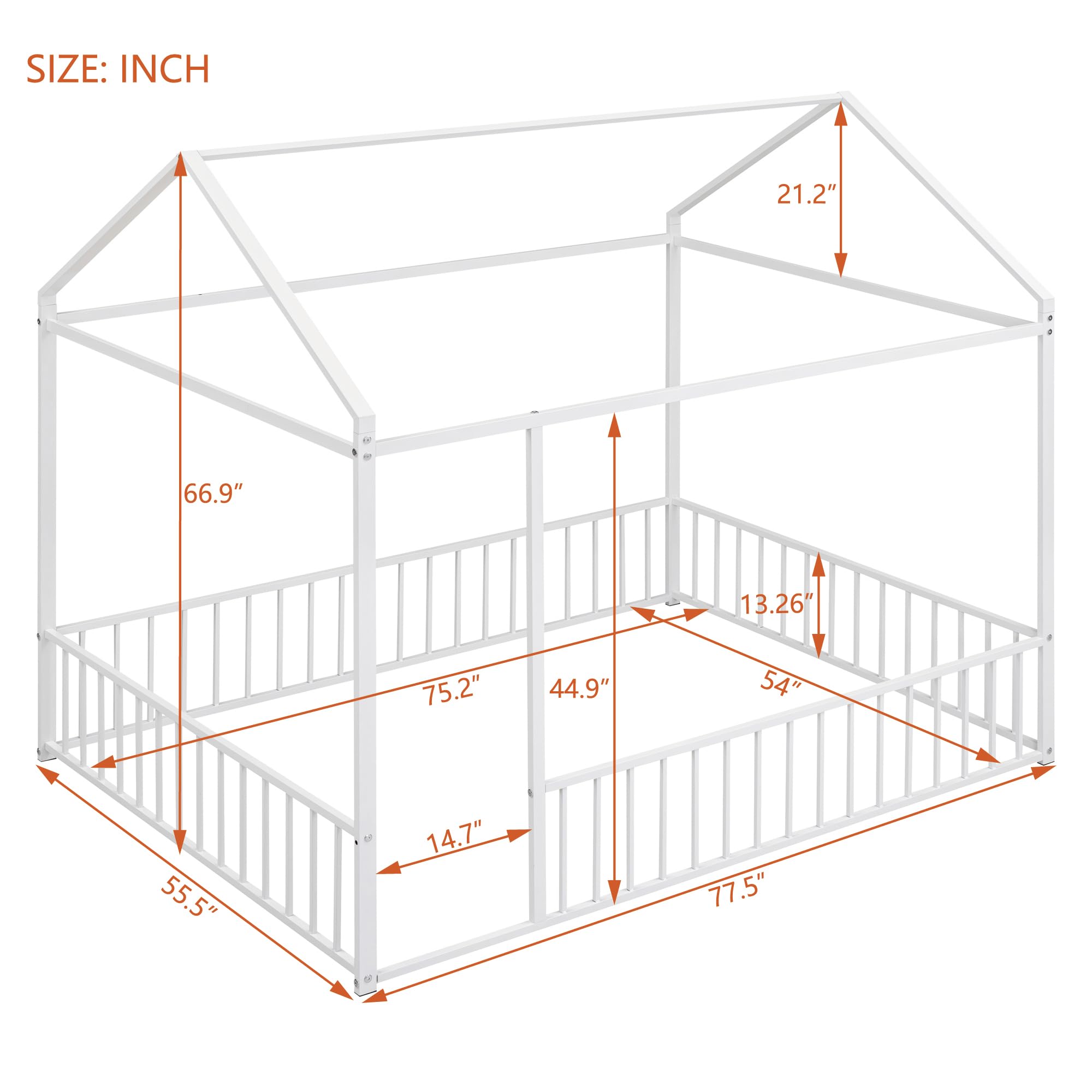 Montessori Floor Bed for Kids - Full Size White Metal House Bed Frame with Safety Fence | Playhouse Style Toddler Bed for Daytime Play & Nighttime Sleep | Perfect for Montessori Bedrooms & Playrooms
