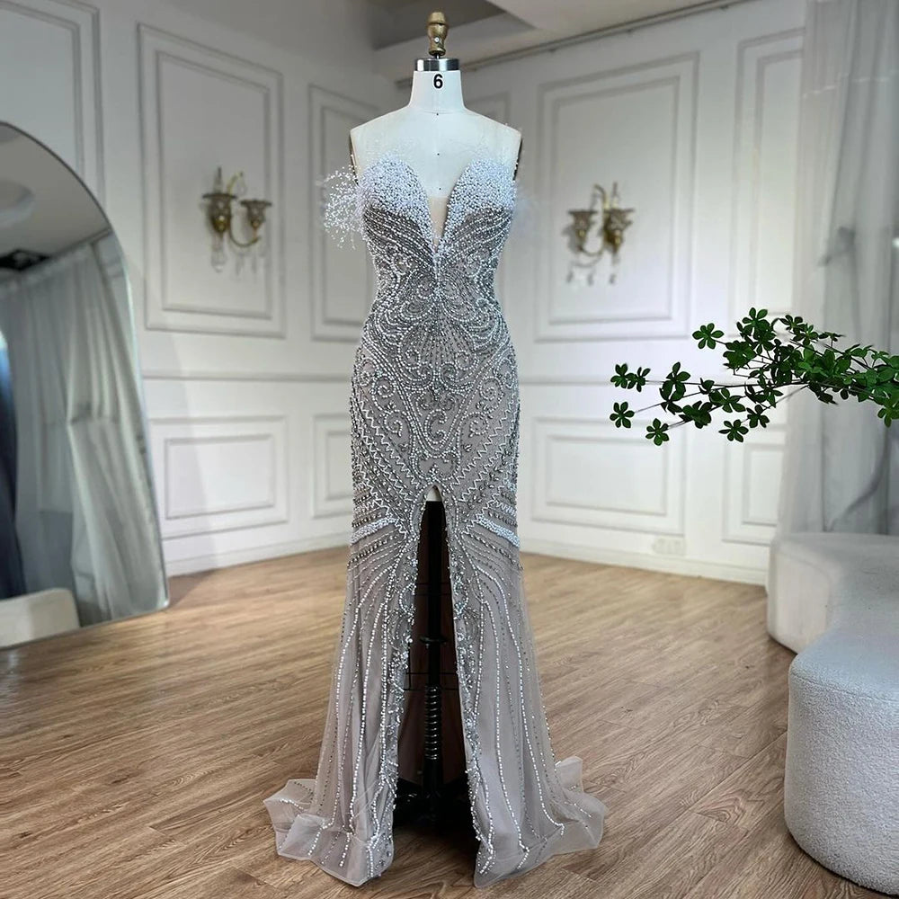 Serene Hill 2025 White Nude Split Mermaid Pearl Beaded Luxury Evening Gown for Women - Elegant Wedding Party Dress LA72522 | Perfect for Prom, Gala, Red Carpet & Formal Events