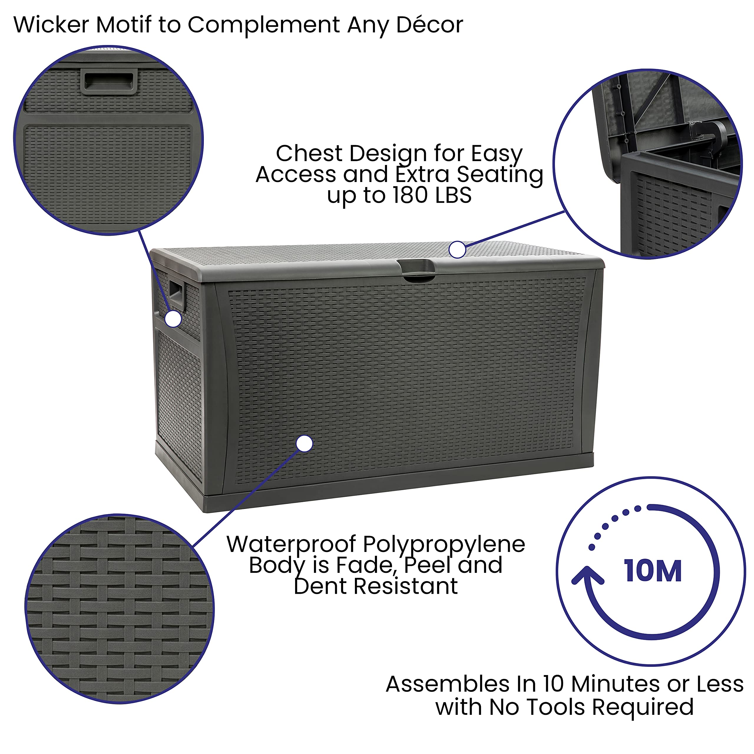 EMMA + OLIVER 120 Gallon Gray Plastic Deck Box - Outdoor Patio Storage Solution for Cushions, Pool Toys & Garden Tools | Perfect for Backyard, Deck & Poolside Organization