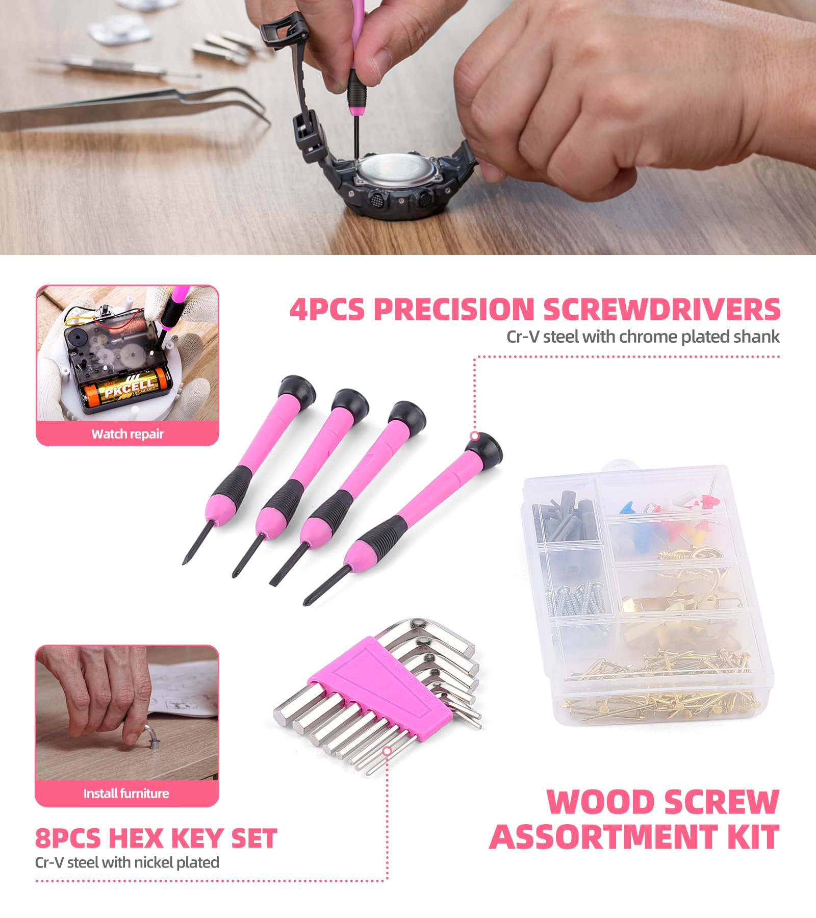 Pink 136-Piece Household Tool Set with 3.6V USB Electric Screwdriver & Cordless Lithium-ion Drill - Complete Home Repair Kit for Women | DIY Projects, Furniture Assembly, Small Repairs
