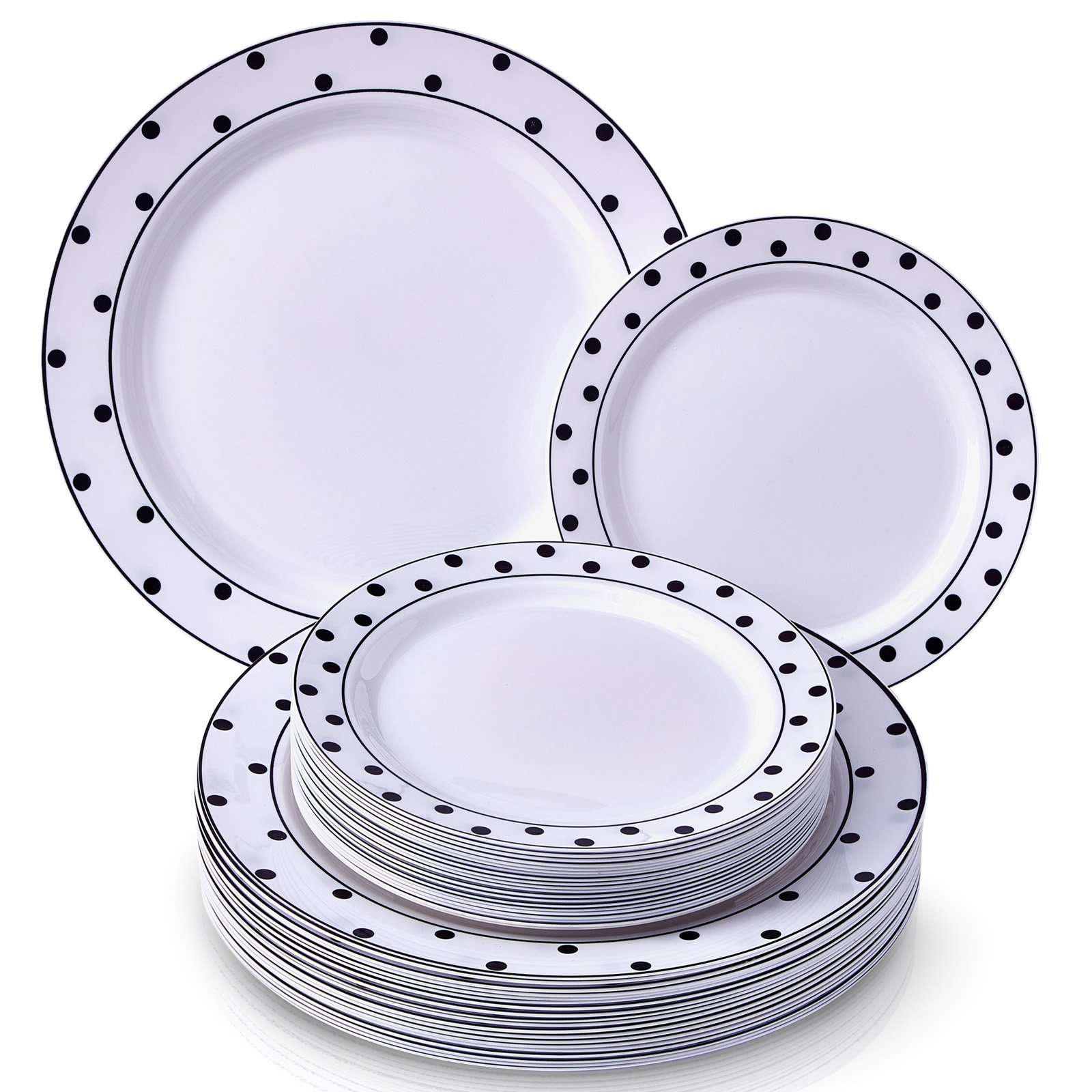 Elegant 240-Piece Plastic Dinnerware Set - 120 Dinner Plates & 120 Salad/Dessert Plates | Heavy Duty Disposable Plates with Fine China Look | Perfect for Weddings, Parties, Catering & Upscale Dining (Black/White Dots Design) - Ideal for Outdoor Events, Banquets & Formal Gatherings