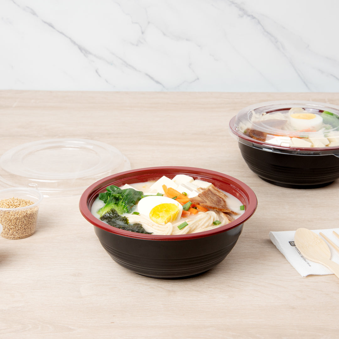 34oz Large Asian Panda Bowl with Clear Lid - Round Black & Red Plastic Microwave-Safe Food Storage Container (7.25