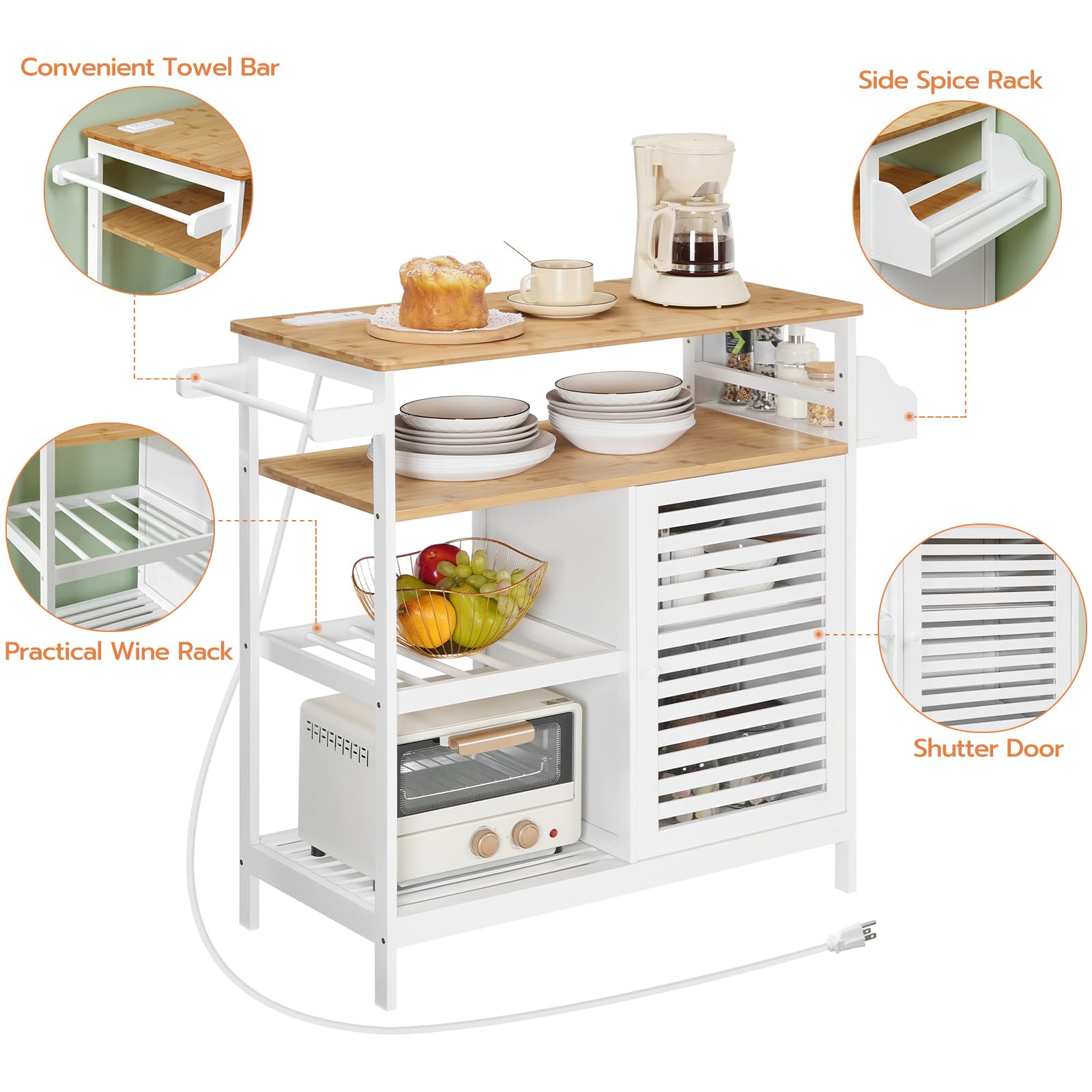 HOOBRO White and Natural Kitchen Island with Storage, Power Outlet, 4-Tier Coffee Station & Microwave Stand - Large Worktop Kitchen Cart for Home, Dining Room | Perfect for Small Spaces, Entertaining & Coffee Bar Setup