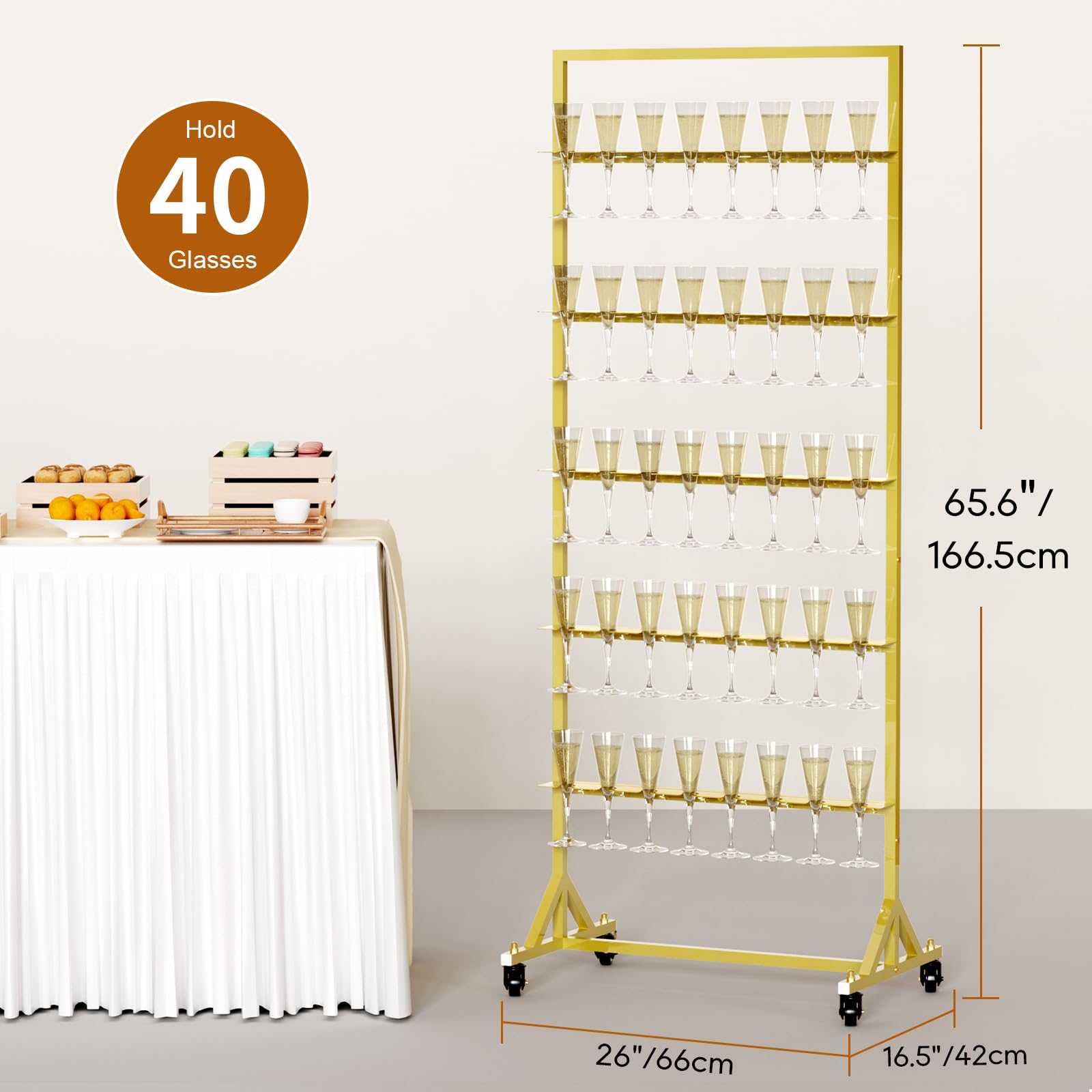 5-Tier Gold Metal Champagne Wall Holder - Holds 40 Glasses with Swivel Casters | Perfect for Weddings, Parties & Events | Sturdy Champagne Flutes Display Stand for Bars & Banquets