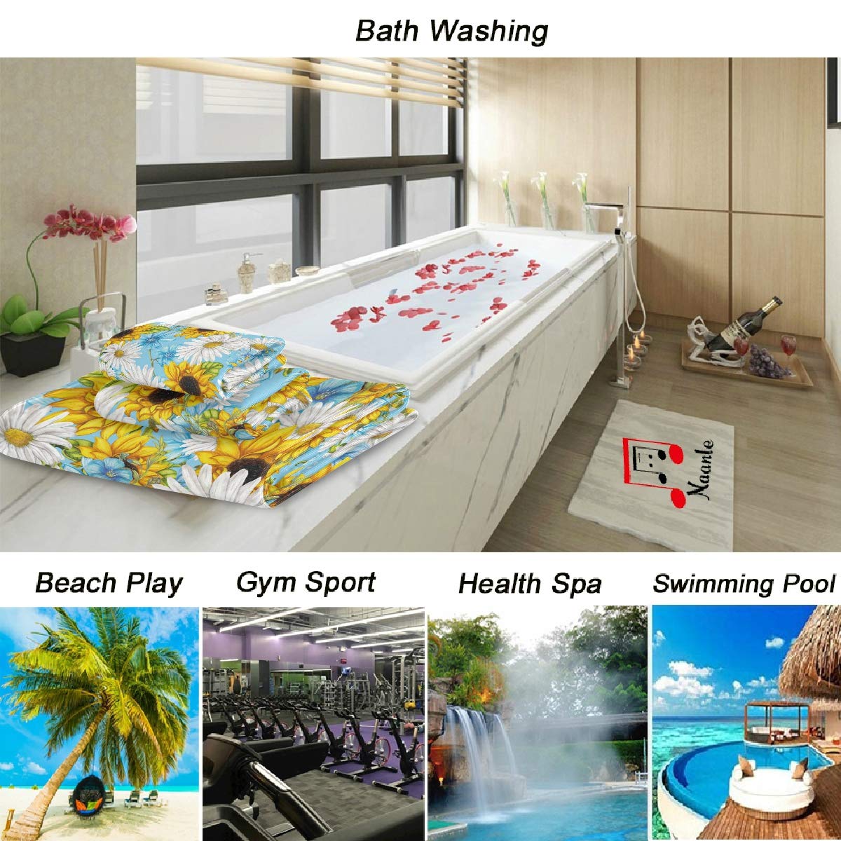 Premium Daisy & Sunflower Pattern Luxury Bath Towel Set - 3-Piece Soft Decorative Towels (1 Bath, 1 Hand, 1 Washcloth) for Bathroom, Hotel, Gym, Spa & Beach - Perfect for Home Decor, Guest Bathrooms & Vacation Essentials