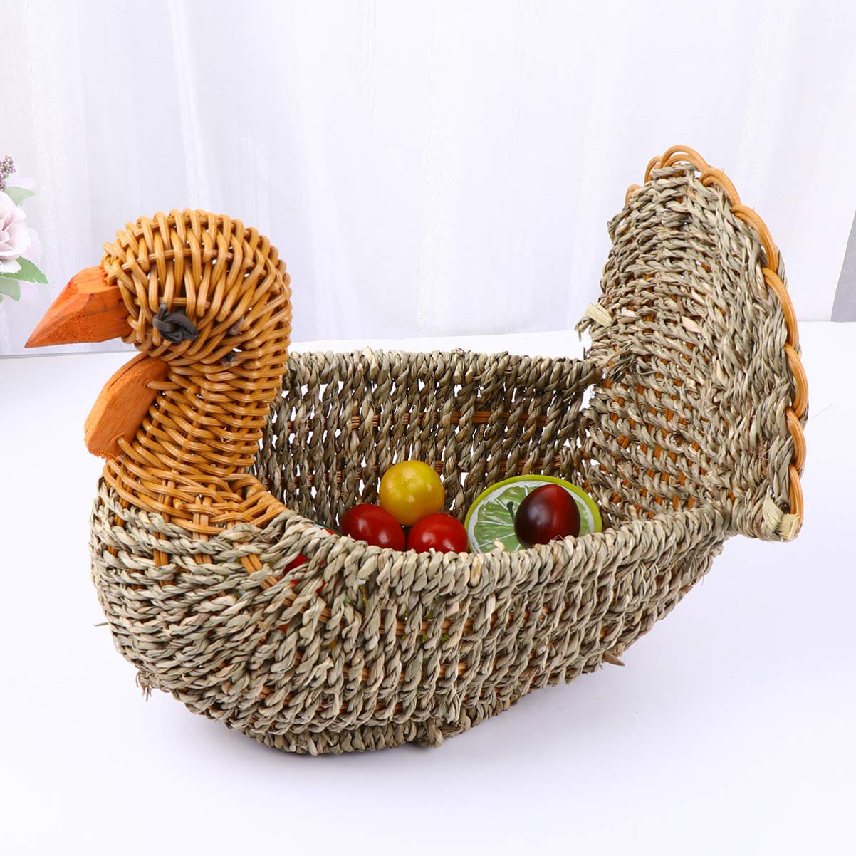 Chicken Shaped Willow Woven Fruit Basket - 20x14 Inch Rattan Bread Serving Tray for Eggs, Snacks & Food Storage | Durable Wicker Desktop Organizer for Kitchen, Dining Table & Home Decor