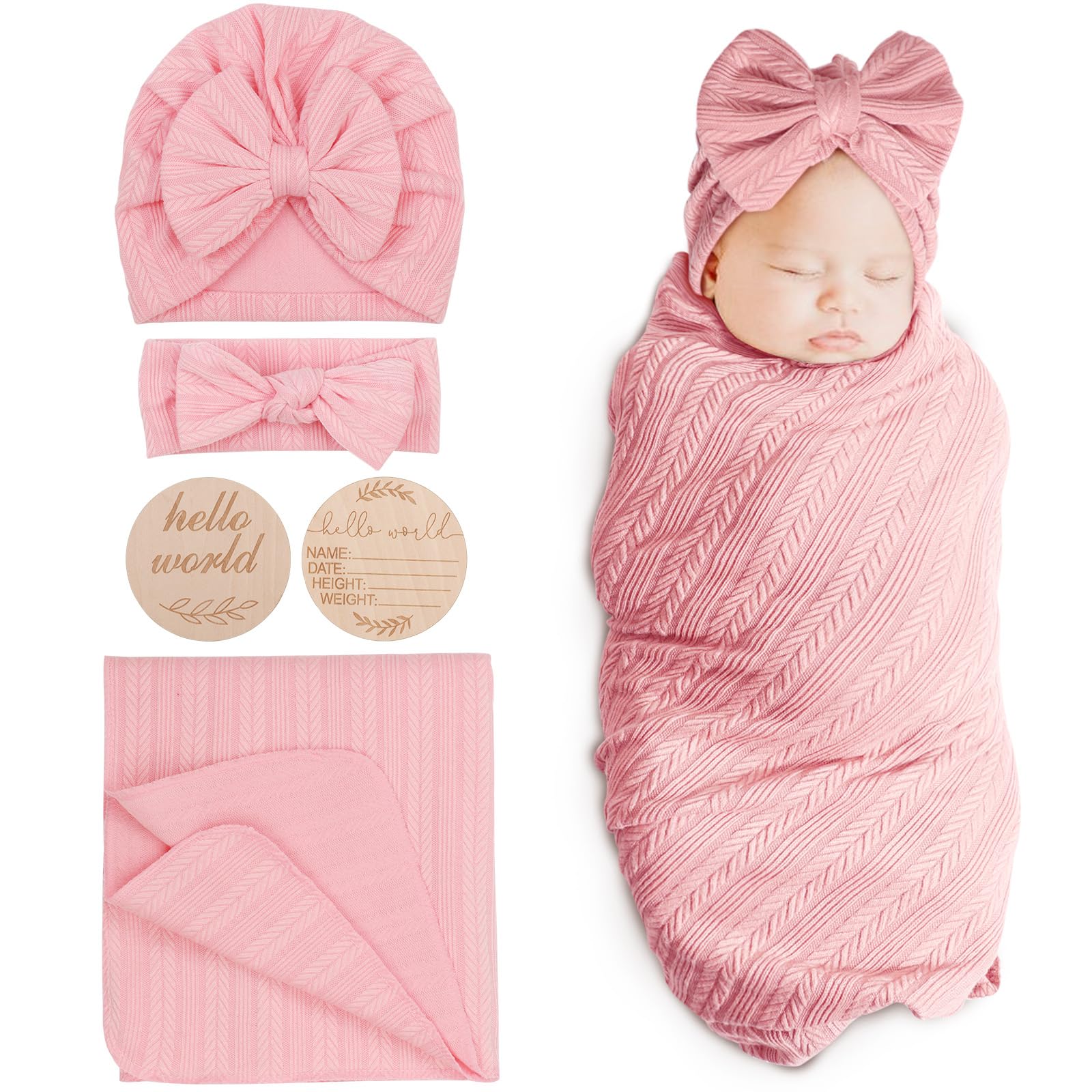 BQUBO 4PCS Baby Swaddle Blankets for Newborn Girls - Soft Cotton Receiving Blankets with Matching Hat & Bow Headband - Includes Hello World Wooden Birth Announcement Card - Perfect for Nursery, Photo Shoots & Baby Showers (Pink)