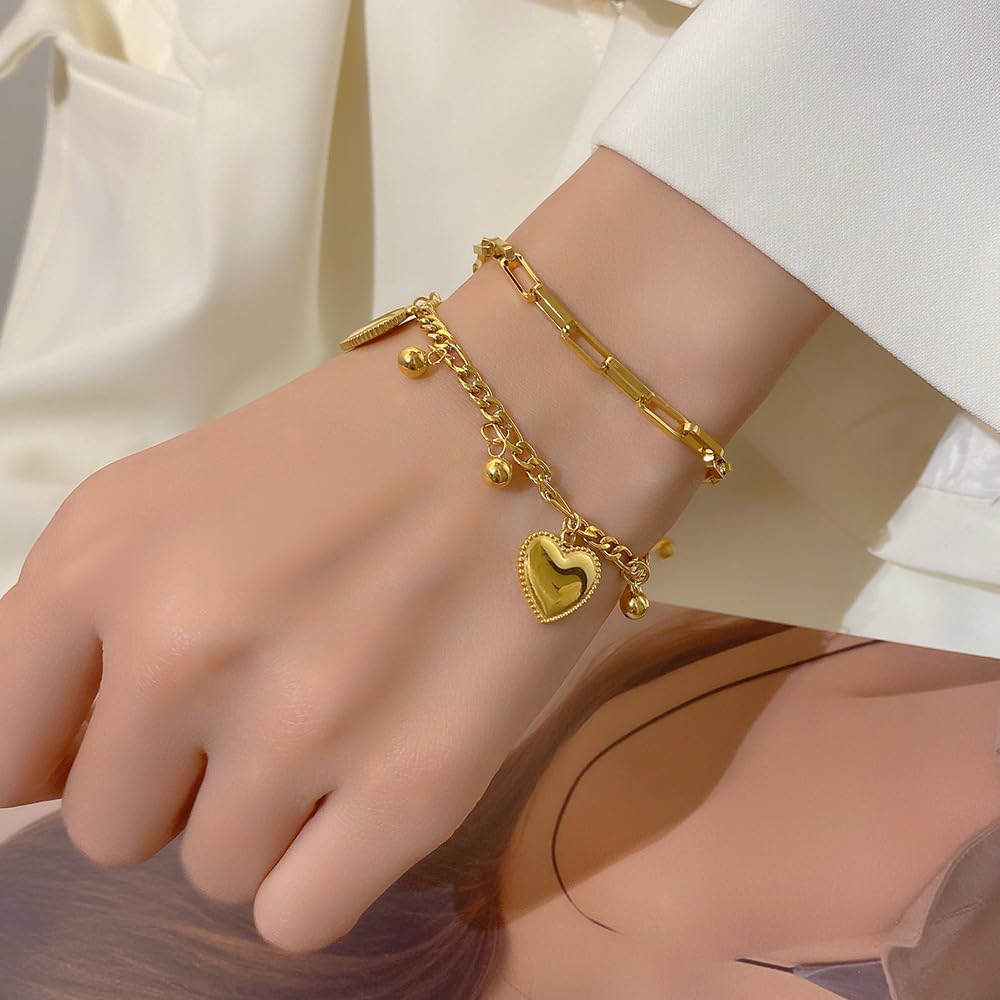BSLVWG Multi-Layer Heart Bracelet - 18K Gold Plated Adjustable Women's Bracelet for Wedding, Anniversary, Birthday - Romantic Jewelry Gift for Her - Perfect for Date Night & Special Occasions