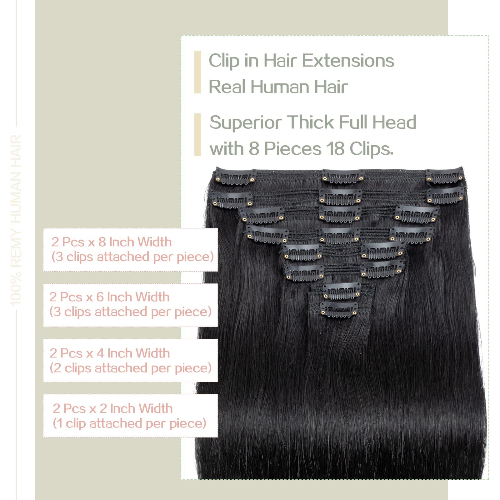 S-noilite 100% Remy Human Hair Clip-in Extensions - 8 Piece Double Weft Set (24 Inch, Jet Black #1) for Thick Voluminous Hair - 18 Clips for Secure Fit - Straight & Silky Natural Look - Perfect for Daily Wear, Parties & Special Occasions