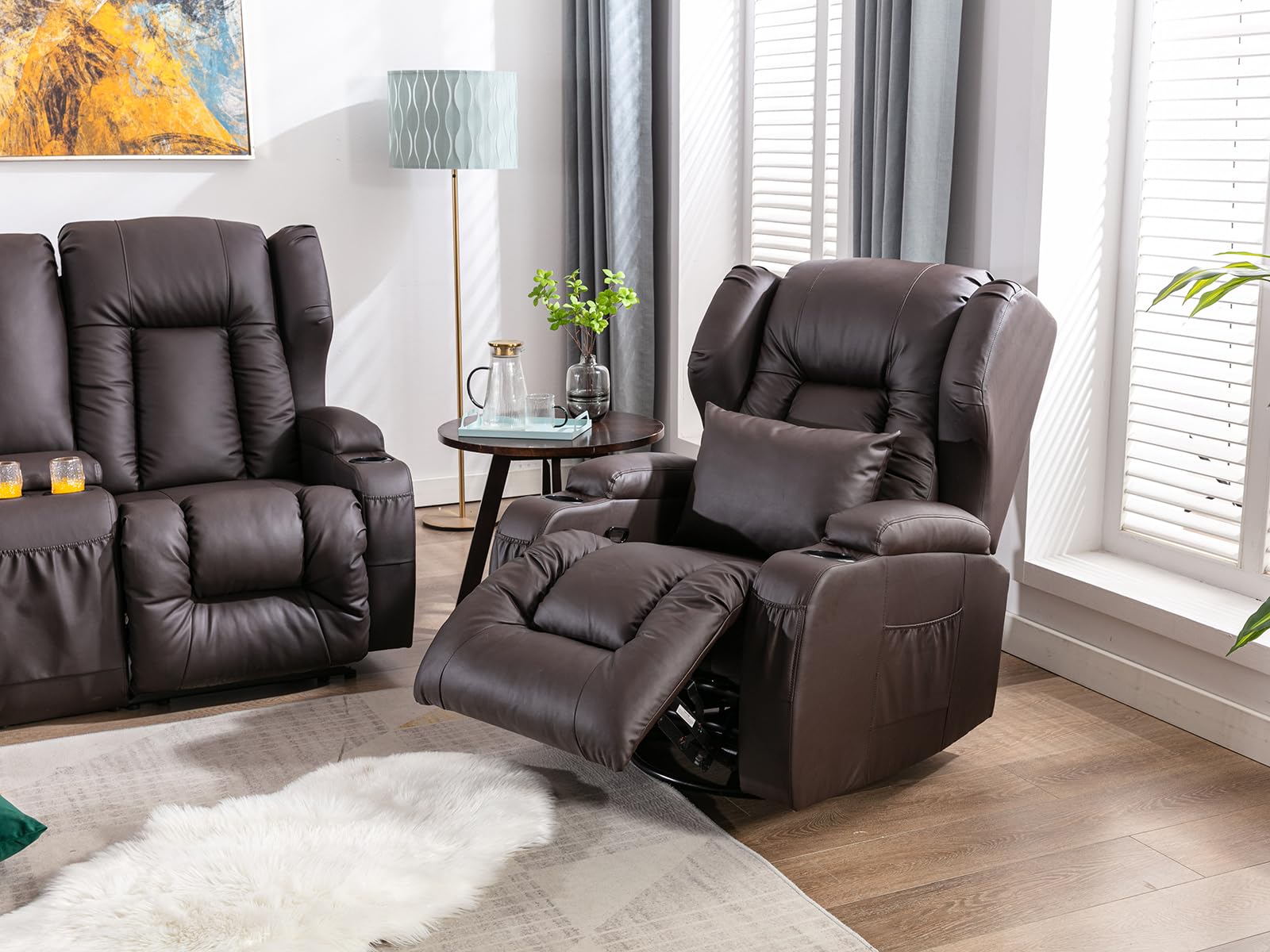 IPKIG 2-Piece Motion Sofa Loveseat Recliner Set with Manual Reclining, Center Console & Cup Holders - Brown Living Room Furniture for Home Theater, Office & Family Room