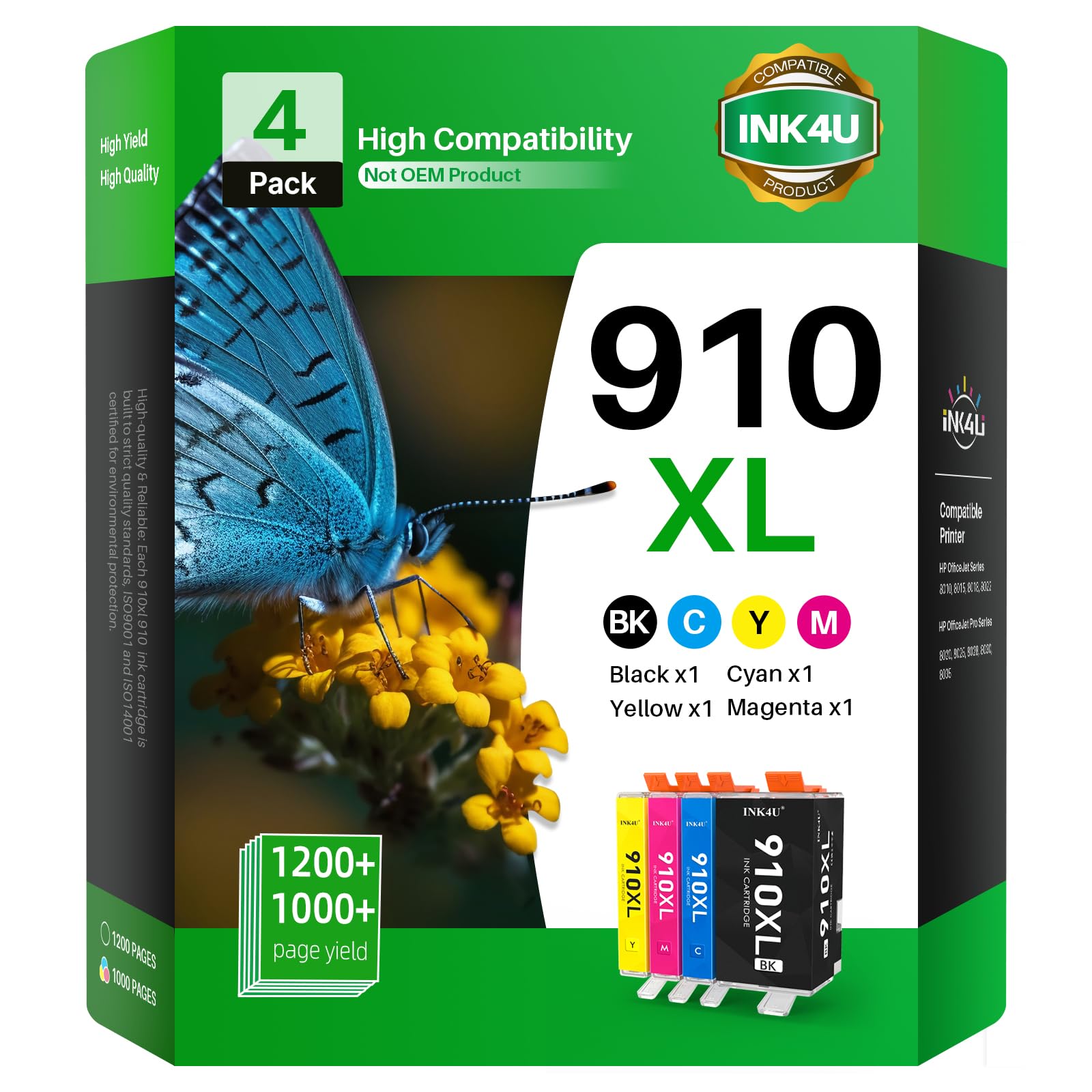 High-Quality 910XL Ink Cartridges Combo Pack (4 Pack: 1BK/1C/1M/1Y) - Compatible with HP OfficeJet Pro 8020 8025 8028 8030 8035 8010 8015 8018 8022 Printers | Reliable Replacement for HP 910XL Ink | Perfect for Home Office, School Projects & Business Printing Needs