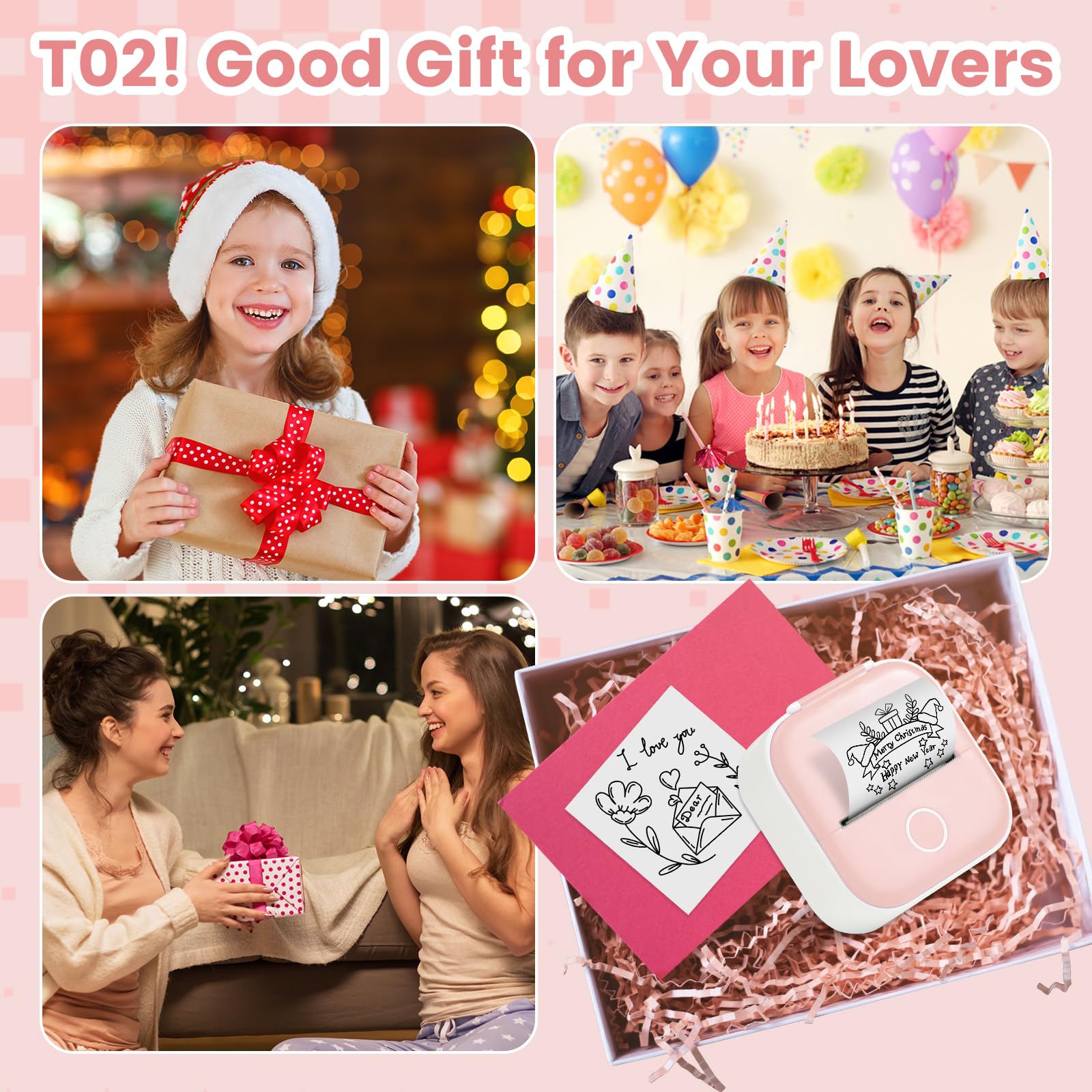 Odaro T02 Mini Bluetooth Thermal Sticker Printer - Portable Sticker Maker Machine with 1 Roll Paper, Wireless Label Printer for School Notes, Journals, Coloring Pictures, DIY Crafts (Pink) - Perfect for Home, Office & Classroom Use