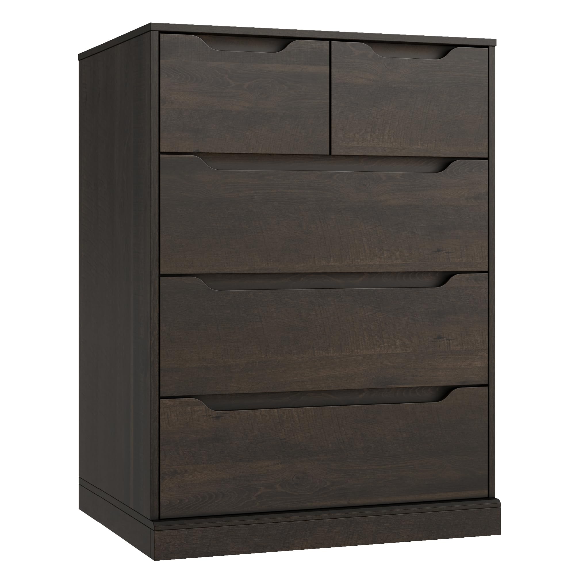 Modern 5-Drawer Wooden Dresser for Bedroom - Dark Brown Storage Chest with Cut-Out Handles - Organizer Cabinet for Clothes, Bedding & Accessories - Perfect for Bedroom, Living Room, Entryway & Hallway Storage Solutions