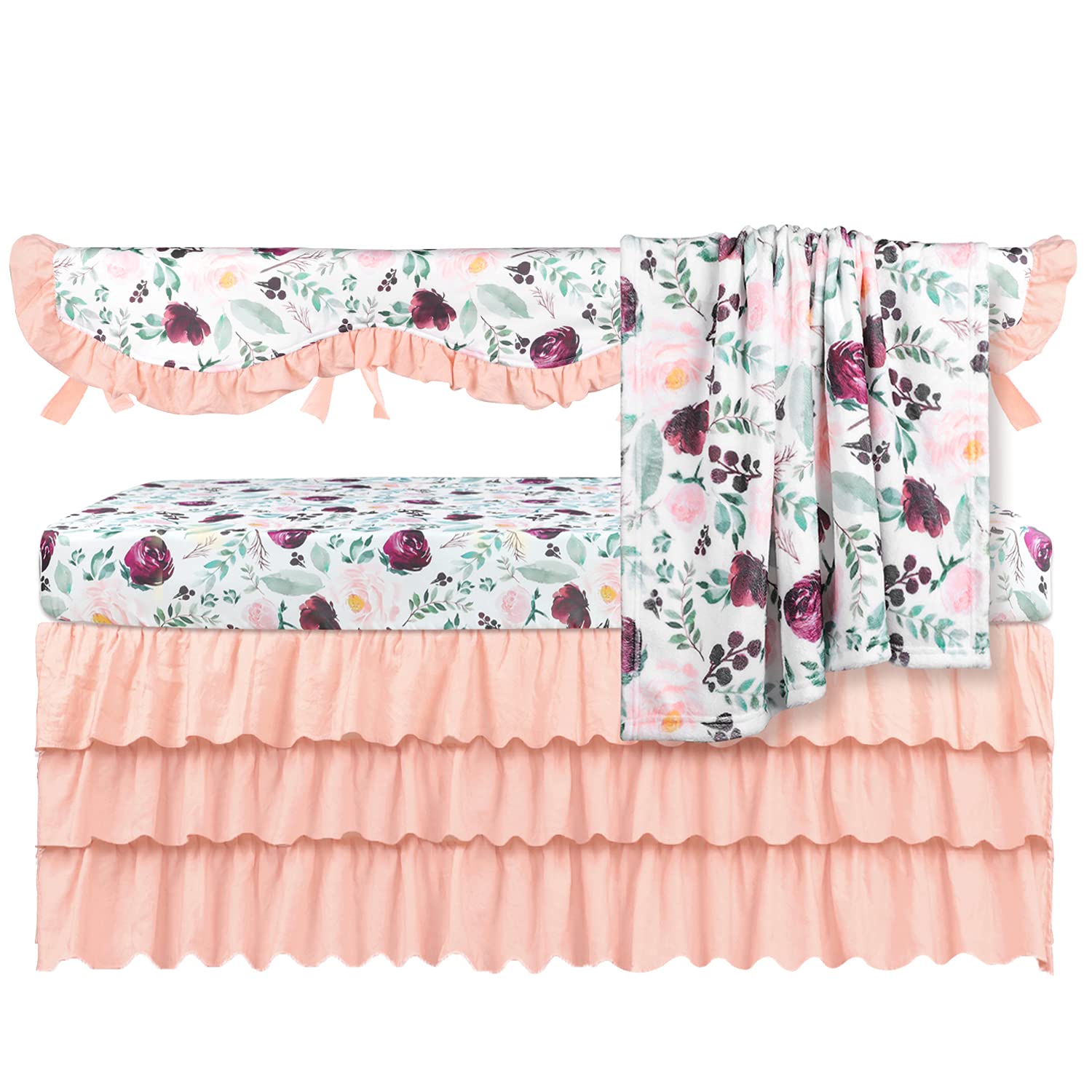 Sahaler Baby Crib Bedding Set for Boys & Girls - 4 Piece Nursery Set with Fitted Sheet & Plush Fleece Blanket (Ruffle Pink Wine) - Perfect for Newborns, Toddlers & Nursery Decor
