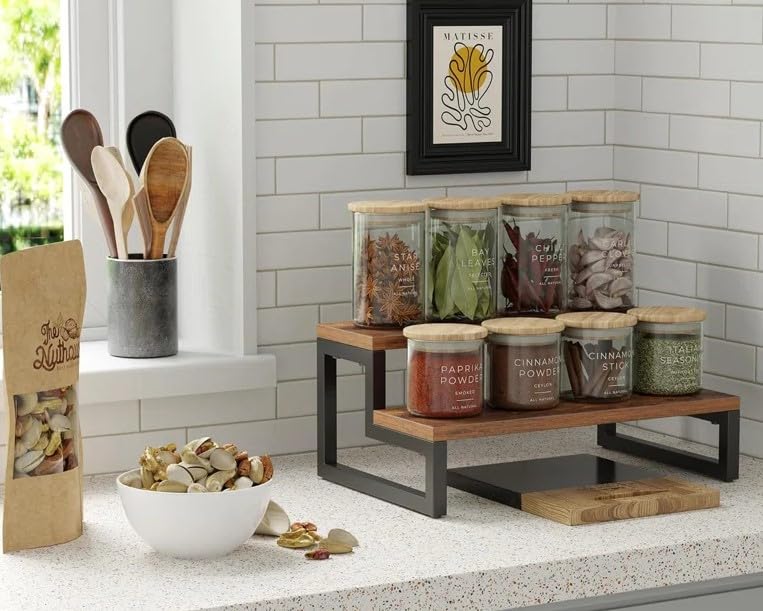 Deseno 12 Inch 2-Tier Wooden Spice Rack - Countertop Kitchen Organizer for Spice Jars, Cooking Essentials & Decor - Perfect for Pantry, Counter Storage, and Displaying Cookbooks or Plants