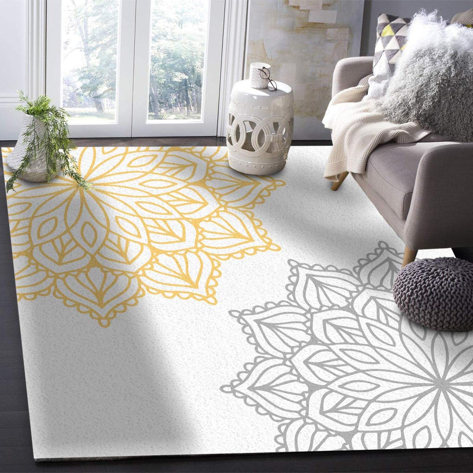 Abstract Dahlia Pinnata Flower Area Rug - Yellow Grey Washable Soft Carpet for Nursery, Bedroom & Living Room - 5'3