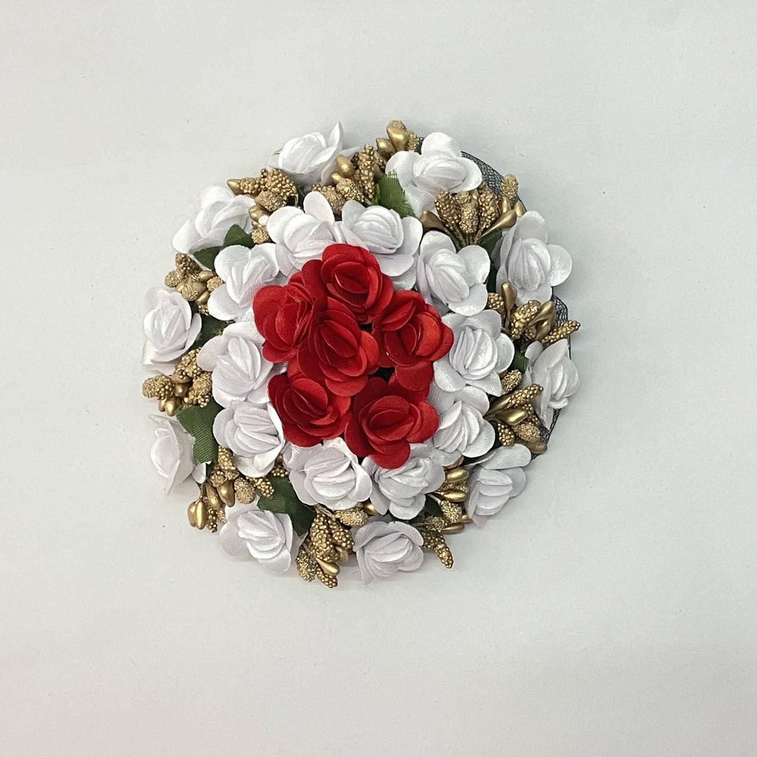GuruEmbelish Artificial Bridal Bun Juda Maker Flower Gajra Hair Accessories for Women & Girls - Red & White (Pack of 1) | Perfect for Weddings, Indian Festivals & Traditional Hairstyles
