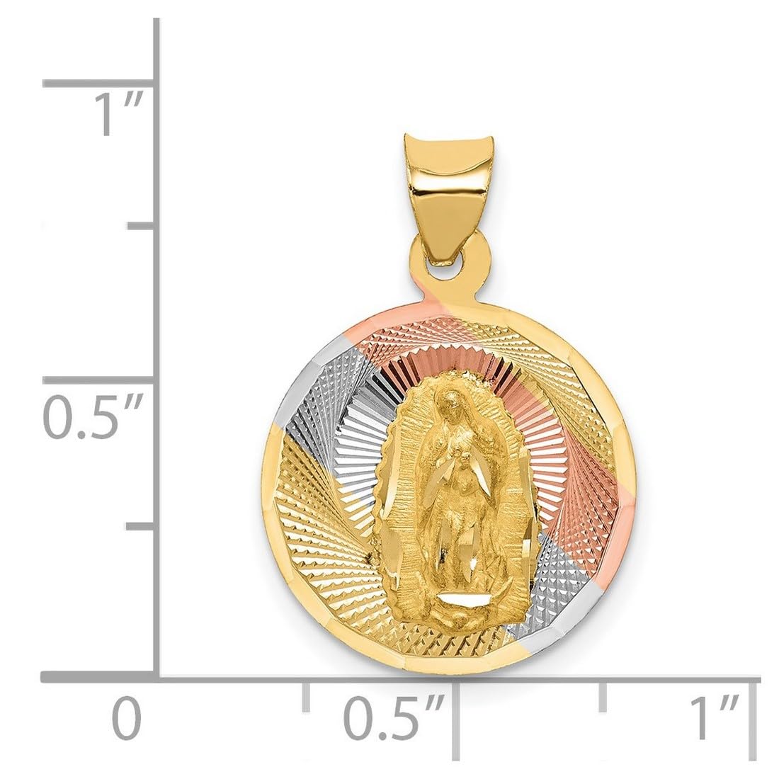 14K Yellow Gold & Rhodium Plated Lady of Guadalupe Pendant Necklace - Sparkle Cut Circle Charm (23.4x16mm) for Women | Religious Jewelry Gift for Baptism, First Communion & Everyday Wear