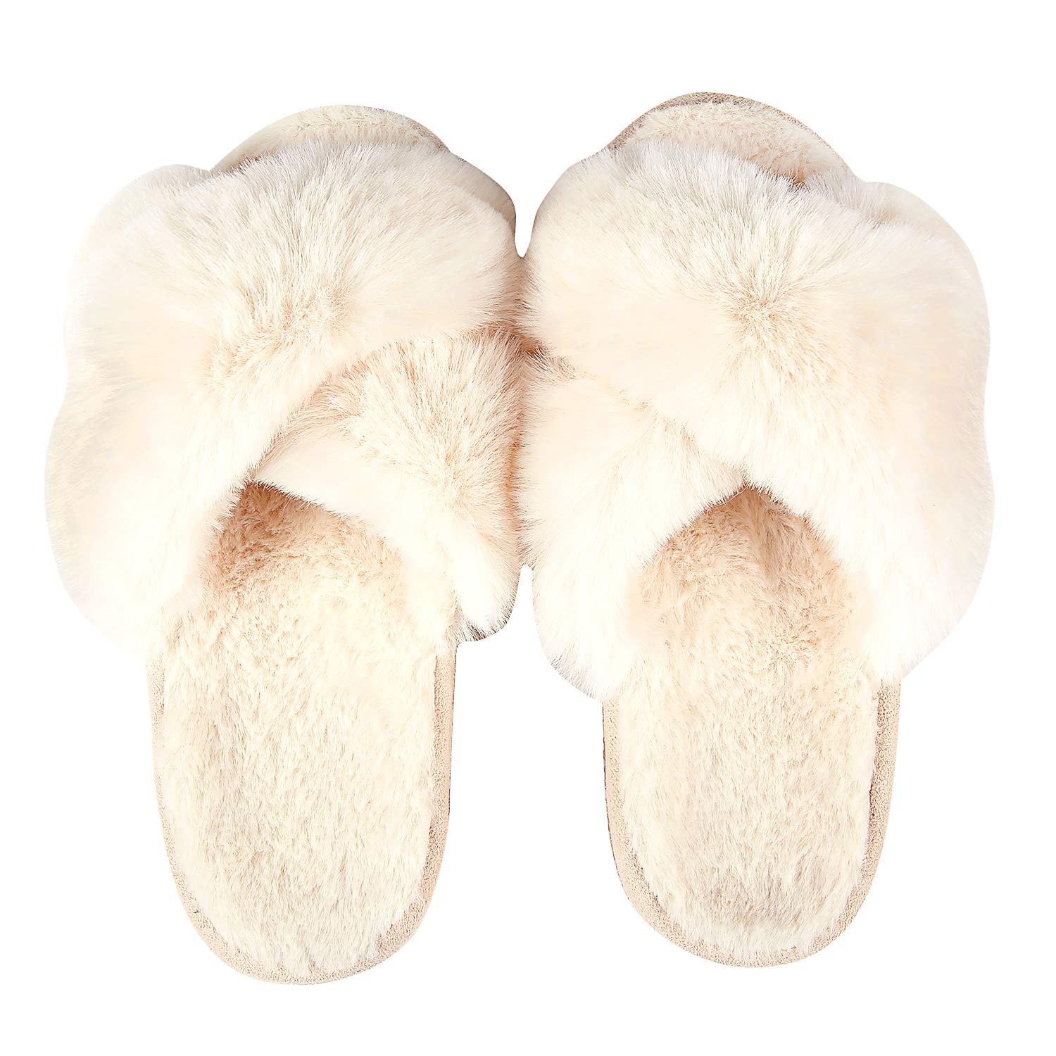 Comwarm Women's Fuzzy Cross Band Slippers - Soft Plush Open Toe House Shoes for Indoor & Outdoor Use - Cozy Bedroom Slippers for Relaxing at Home, Lounging & Spa Days