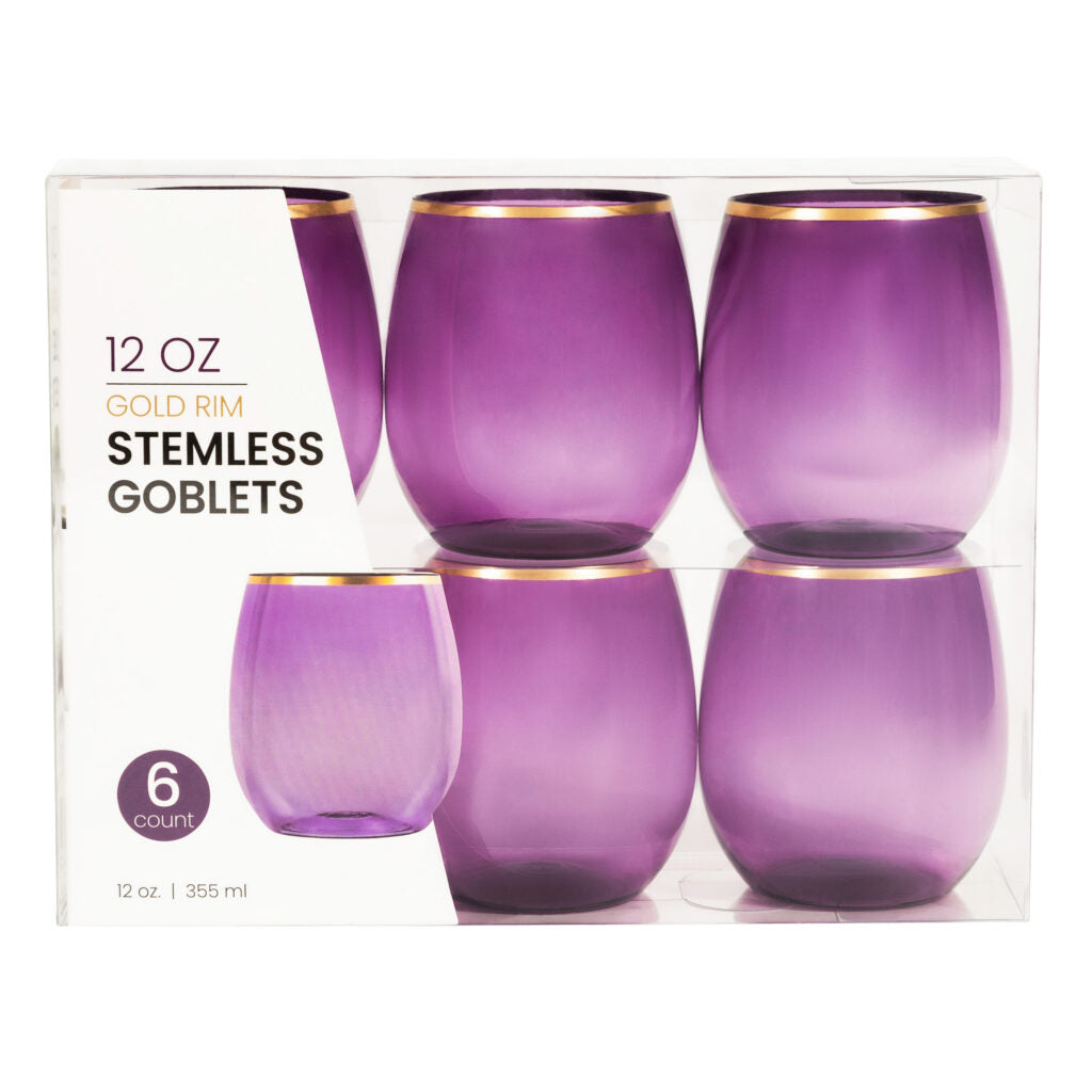 12 oz. Purple Stemless Wine Glasses with Gold Rim - Set of 6 | Elegant Drinkware for Parties, Weddings & Home Entertaining
