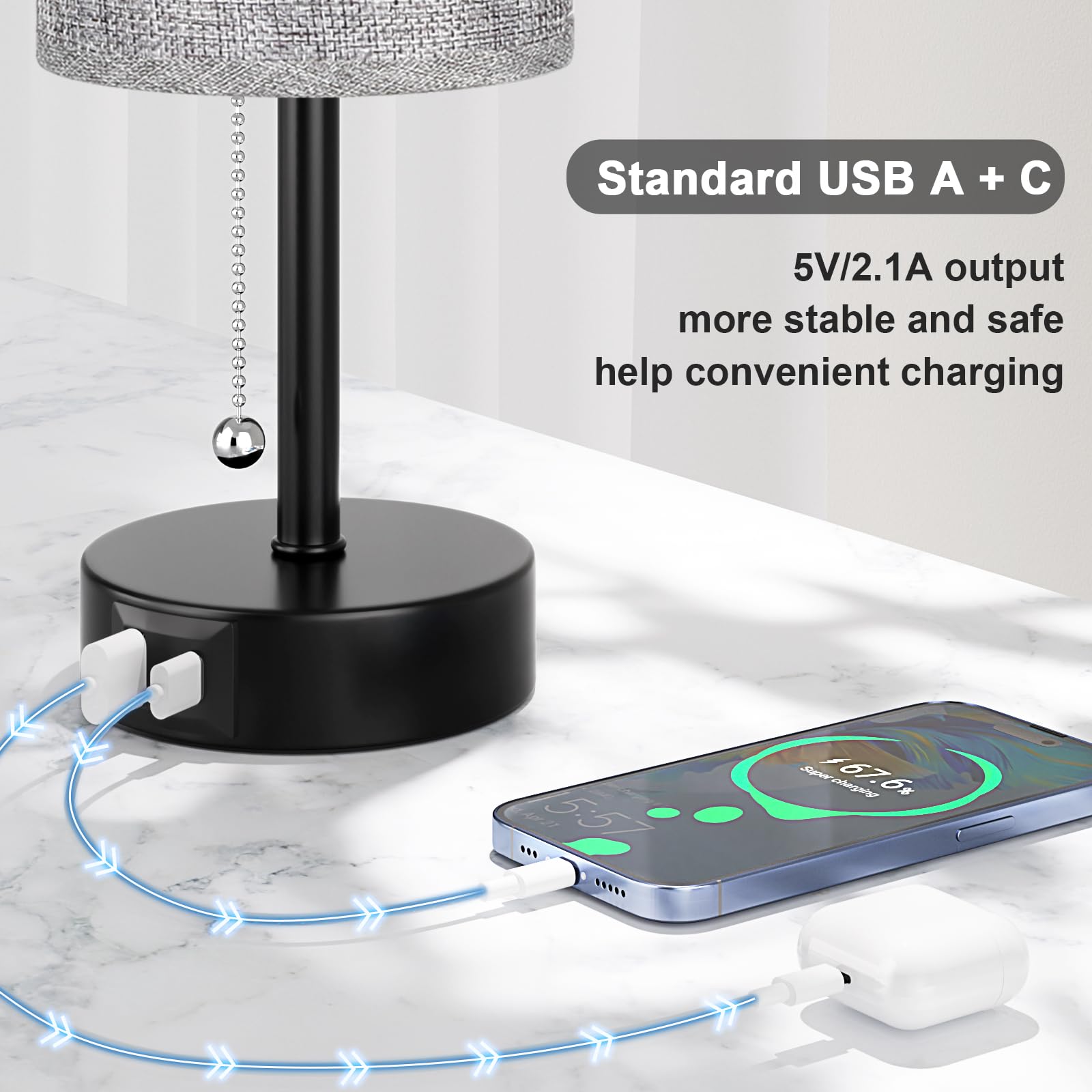 Modern Grey Bedside Lamp with USB A + C Charging Ports - 3-Way Dimmable Nightstand Light with Pull Chain, Adjustable Color Temperature, Includes LED Bulb - Perfect for Bedroom, Living Room, Dorm & Office Reading